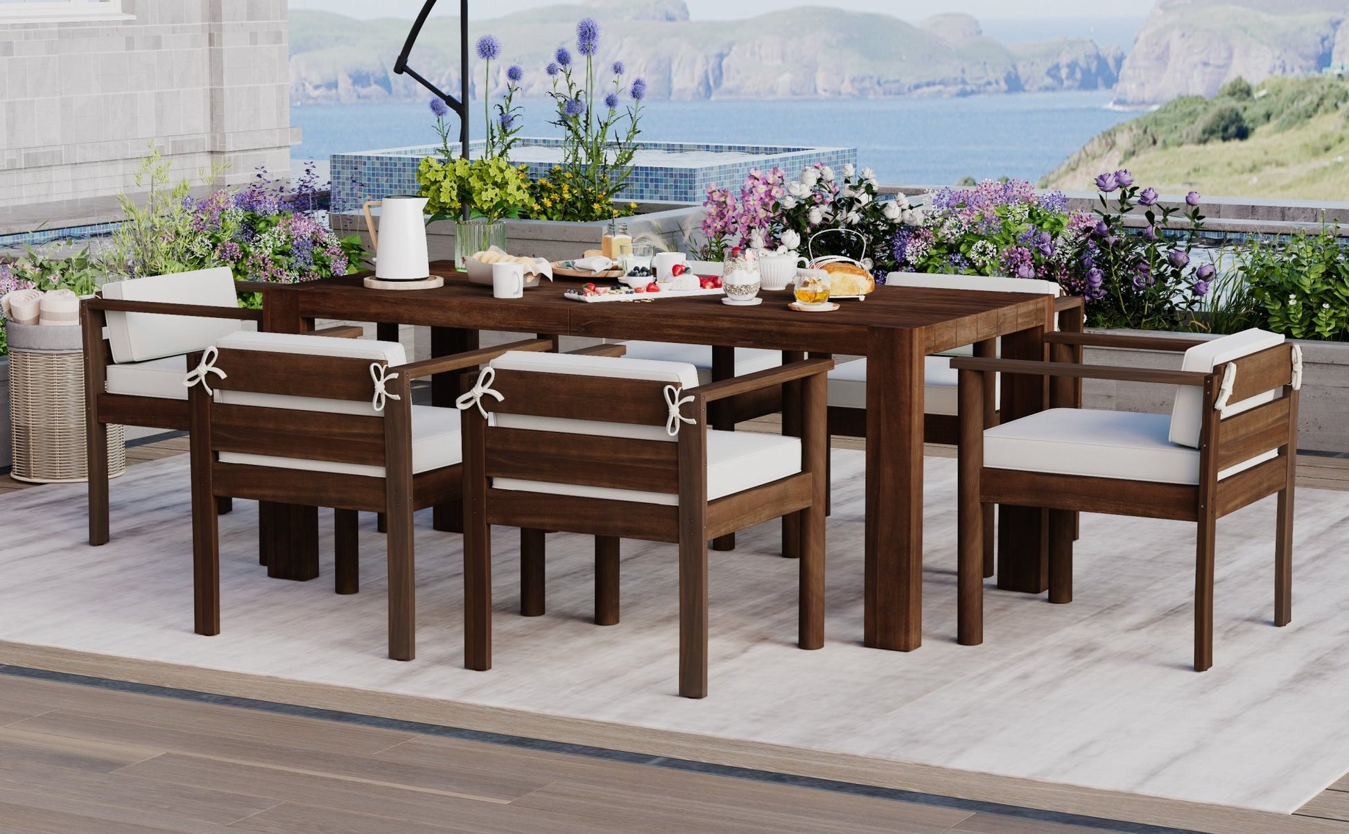 TREXM 7 - Piece Patio Dining Table Set for 6, Outdoor Furniture Sets with 72.8' Rectangle Table, Patio Table and Chairs Set with Removable Cushions for Backyard, Garden, Poolside (Mocha + Beige Cushion) - 1st Choice Furniture Direct