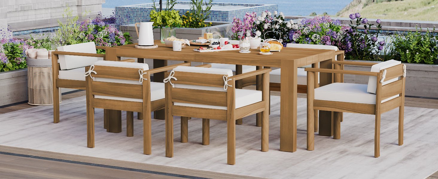 TREXM 7 - Piece Patio Dining Table Set for 6,Outdoor Furniture Sets with 72.8'Rectangle Table,Patio Table and Chairs Set with Removable Cushions for Backyard,Garden,Poolside(Light Teak+Beige Cushion) - 1st Choice Furniture Direct