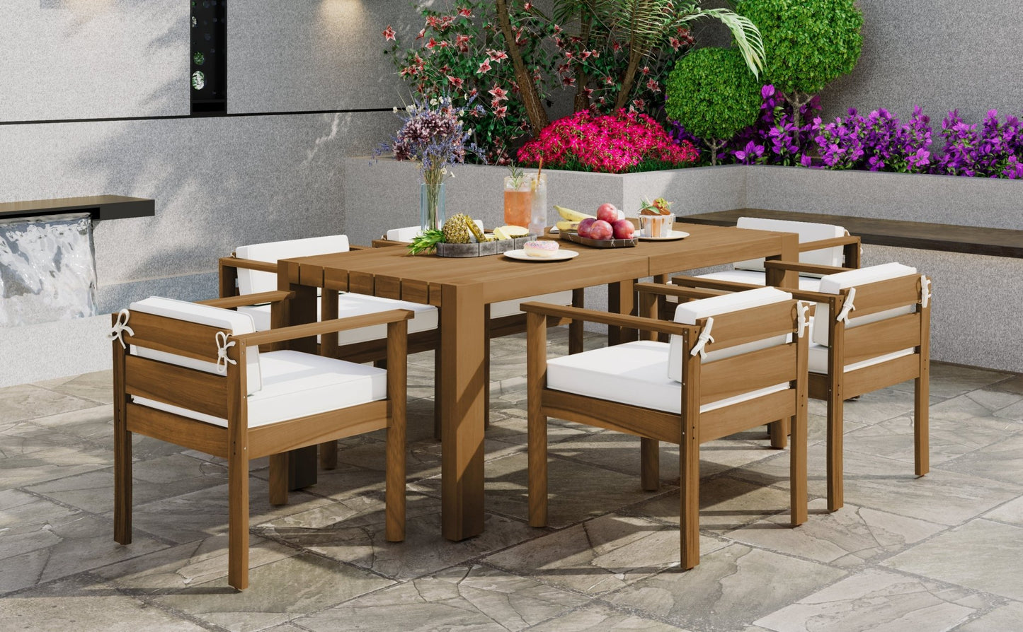 TREXM 7 - Piece Patio Dining Table Set for 6,Outdoor Furniture Sets with 72.8'Rectangle Table,Patio Table and Chairs Set with Removable Cushions for Backyard,Garden,Poolside(Light Teak+Beige Cushion) - 1st Choice Furniture Direct