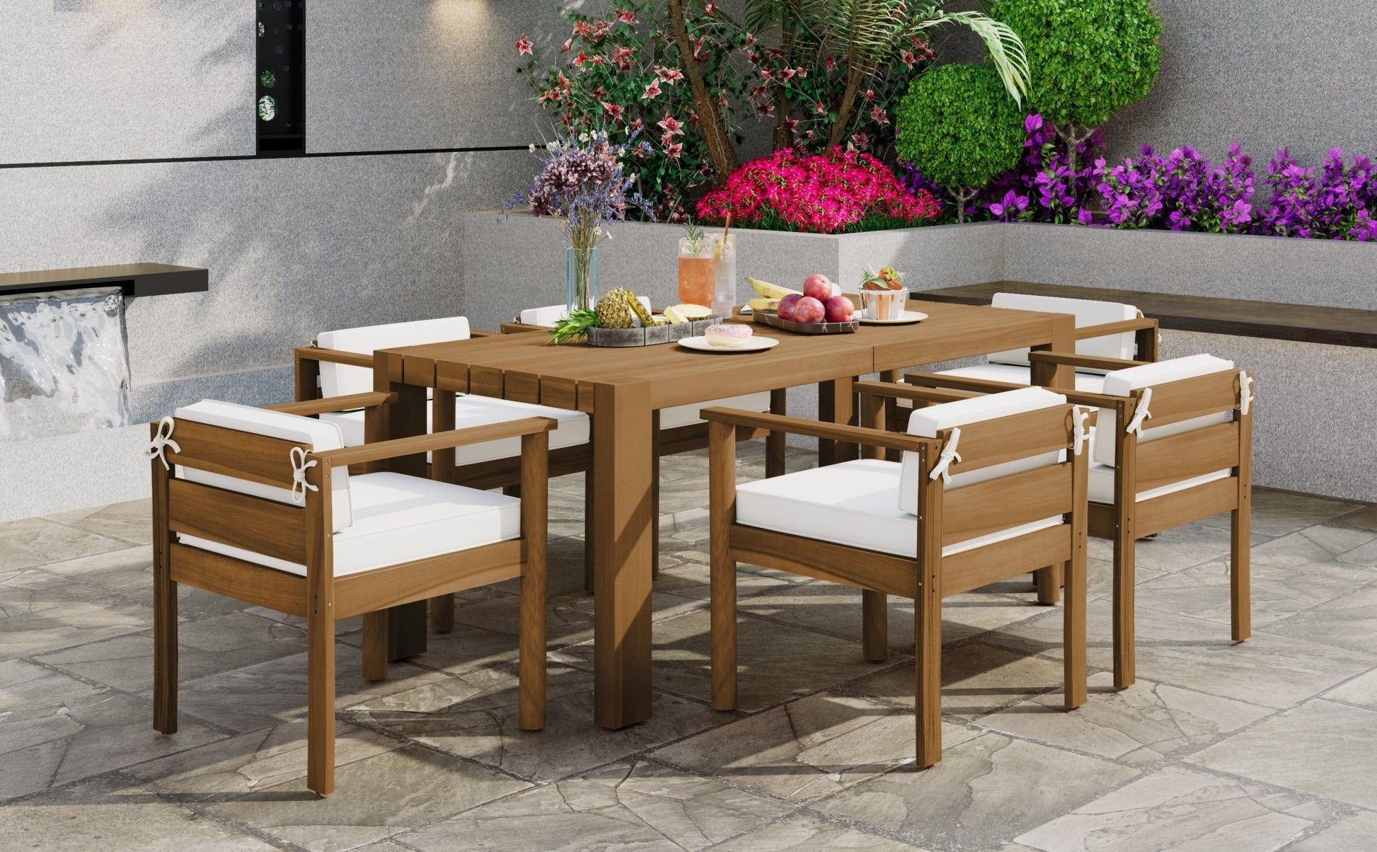 TREXM 7 - Piece Patio Dining Table Set for 6,Outdoor Furniture Sets with 72.8'Rectangle Table,Patio Table and Chairs Set with Removable Cushions for Backyard,Garden,Poolside(Light Teak+Beige Cushion) - 1st Choice Furniture Direct