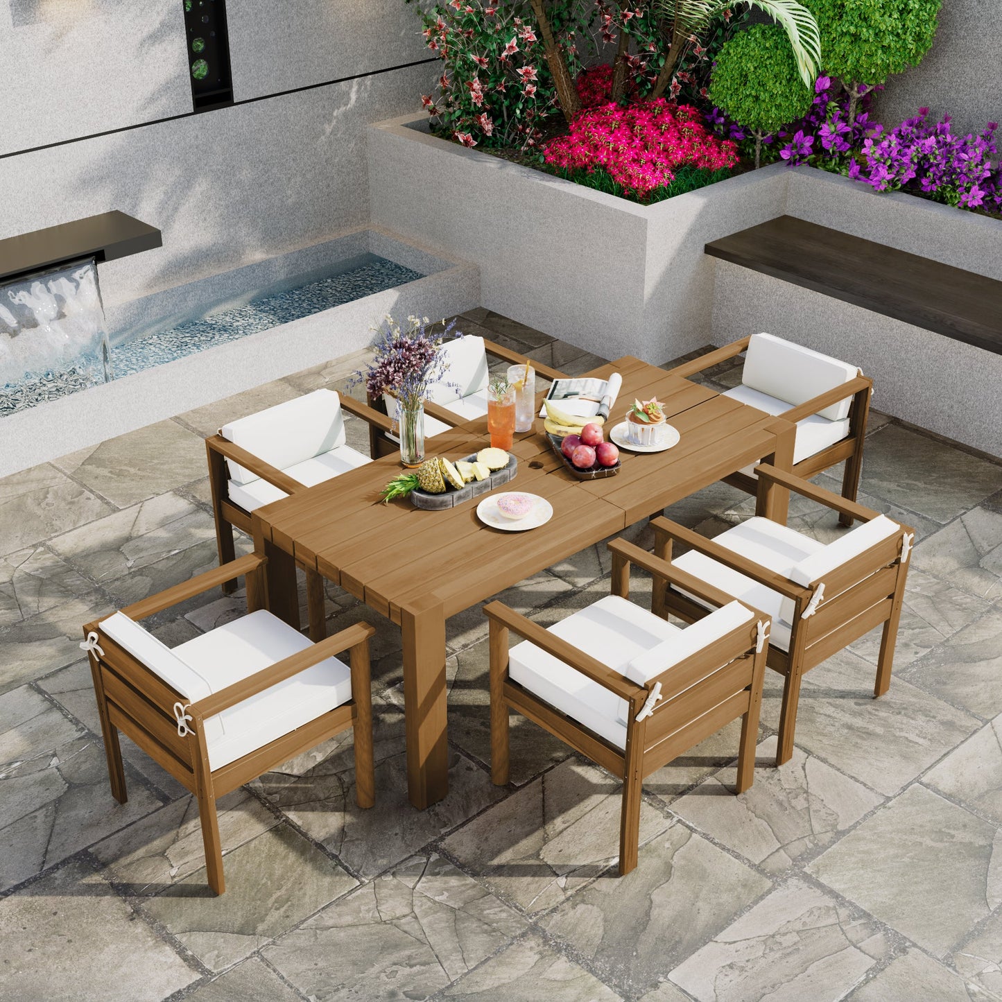 TREXM 7 - Piece Patio Dining Table Set for 6,Outdoor Furniture Sets with 72.8'Rectangle Table,Patio Table and Chairs Set with Removable Cushions for Backyard,Garden,Poolside(Light Teak+Beige Cushion) - 1st Choice Furniture Direct