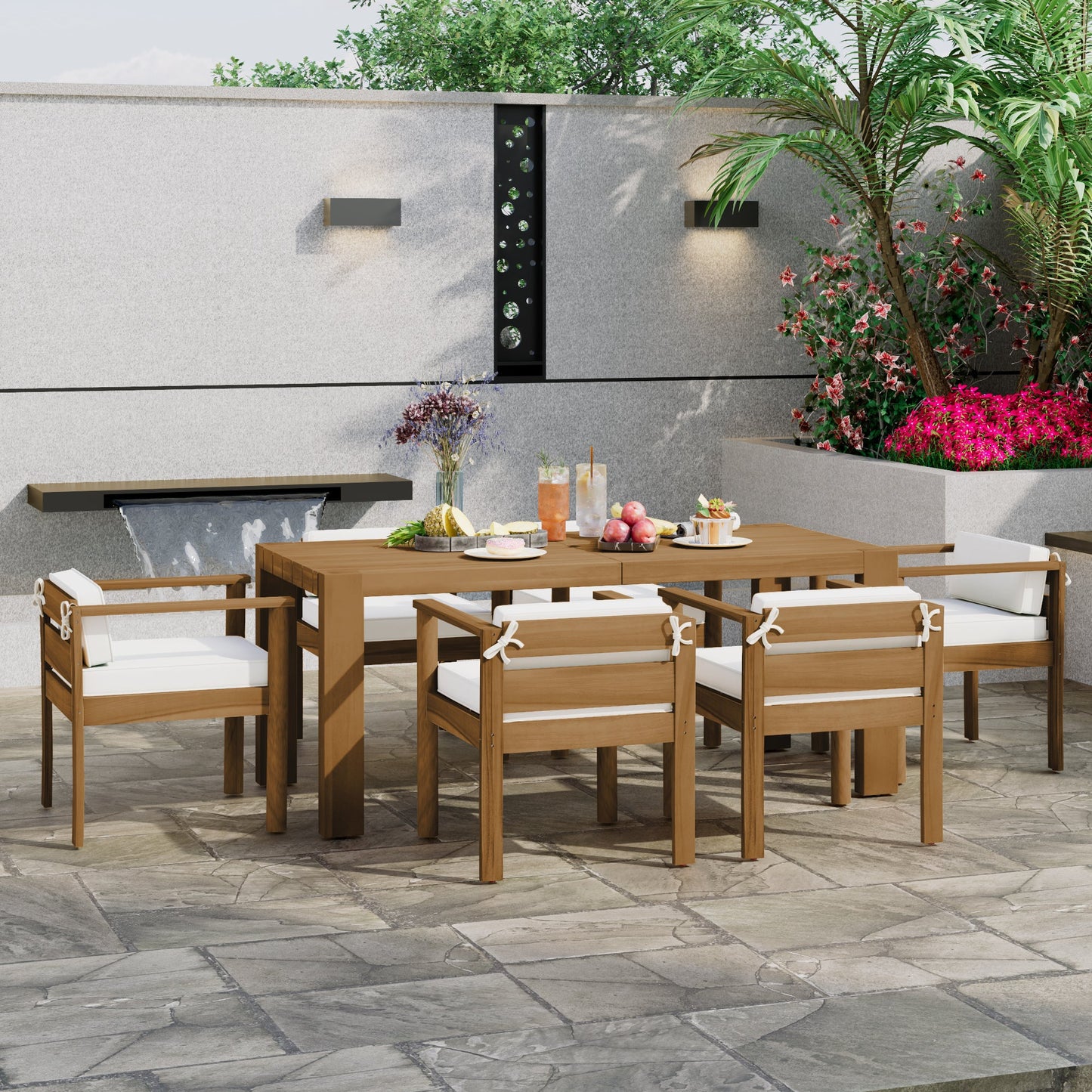 TREXM 7 - Piece Patio Dining Table Set for 6,Outdoor Furniture Sets with 72.8'Rectangle Table,Patio Table and Chairs Set with Removable Cushions for Backyard,Garden,Poolside(Light Teak+Beige Cushion) - 1st Choice Furniture Direct