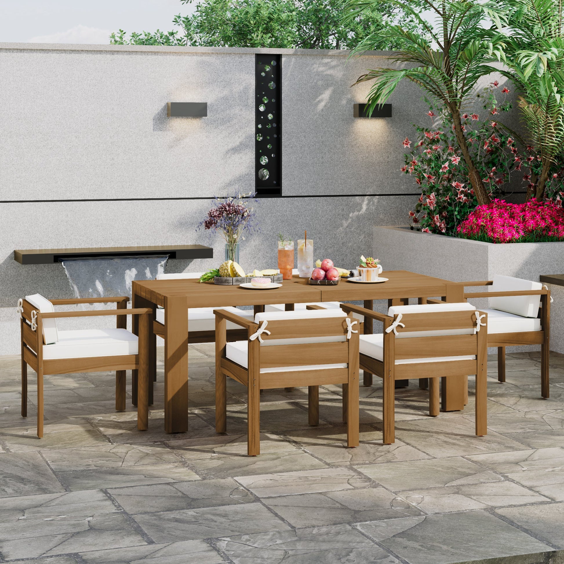TREXM 7 - Piece Patio Dining Table Set for 6,Outdoor Furniture Sets with 72.8'Rectangle Table,Patio Table and Chairs Set with Removable Cushions for Backyard,Garden,Poolside(Light Teak+Beige Cushion) - 1st Choice Furniture Direct