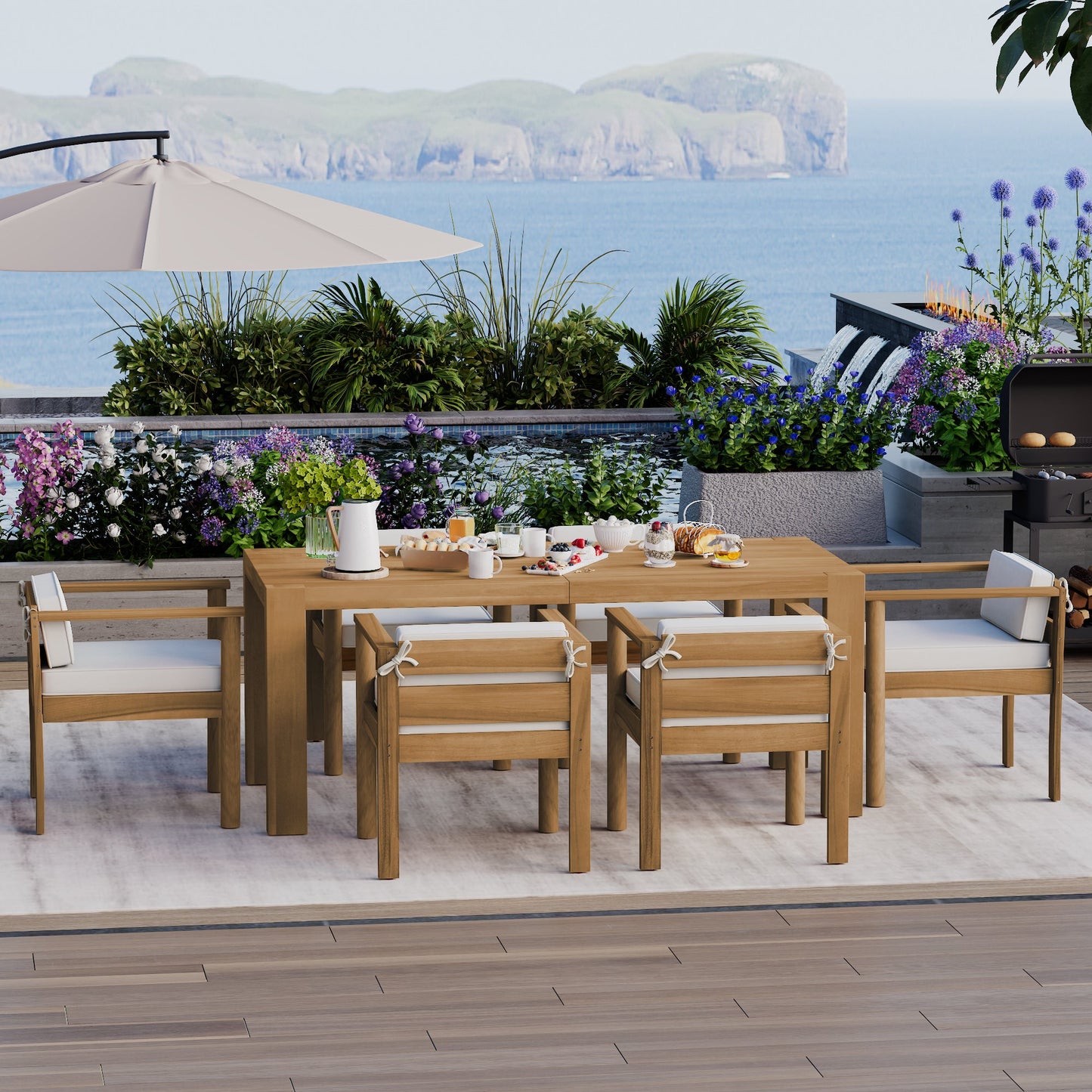 TREXM 7 - Piece Patio Dining Table Set for 6,Outdoor Furniture Sets with 72.8'Rectangle Table,Patio Table and Chairs Set with Removable Cushions for Backyard,Garden,Poolside(Light Teak+Beige Cushion) - 1st Choice Furniture Direct
