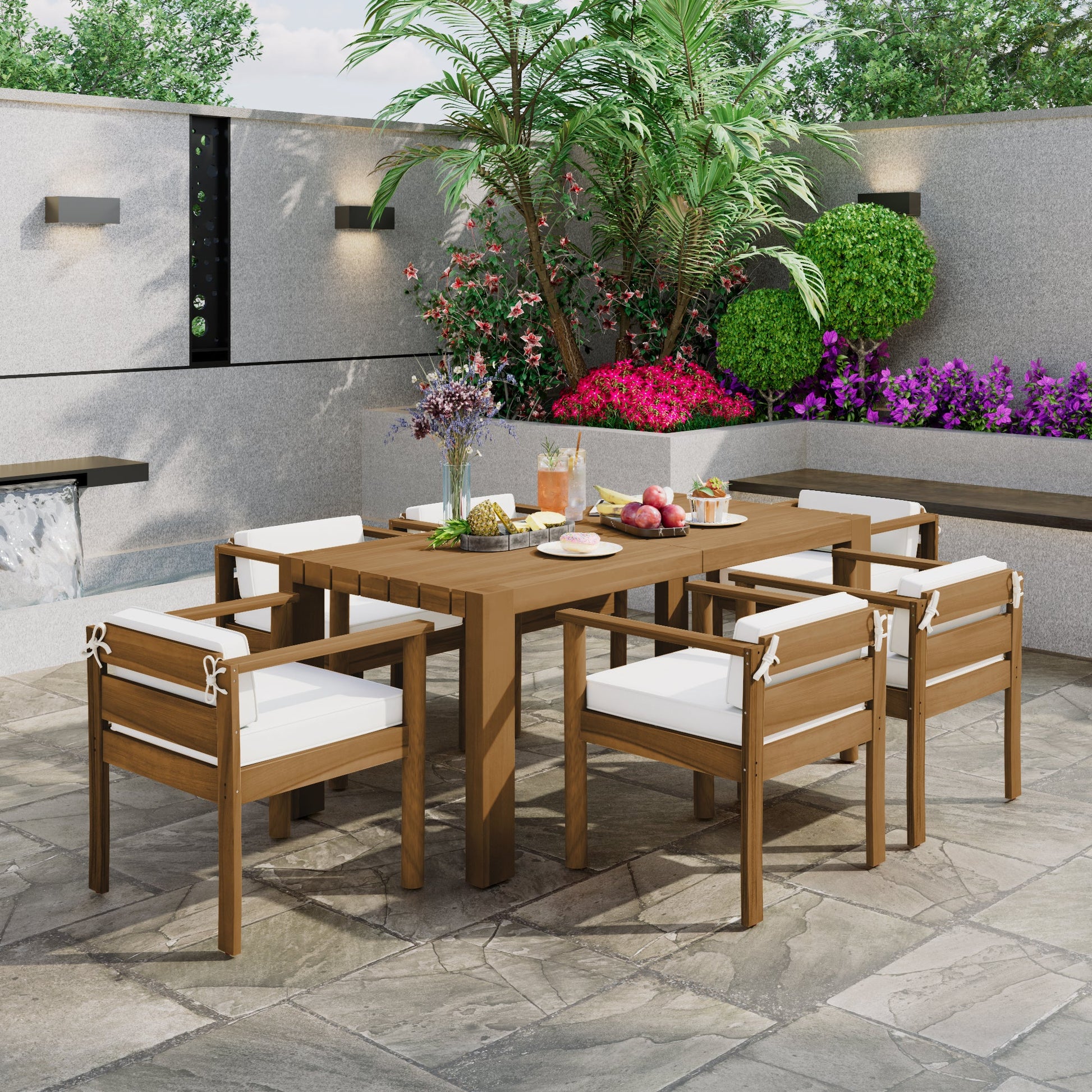TREXM 7 - Piece Patio Dining Table Set for 6,Outdoor Furniture Sets with 72.8'Rectangle Table,Patio Table and Chairs Set with Removable Cushions for Backyard,Garden,Poolside(Light Teak+Beige Cushion) - 1st Choice Furniture Direct