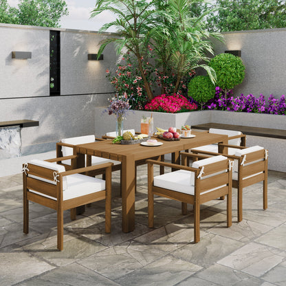 TREXM 7 - Piece Patio Dining Table Set for 6,Outdoor Furniture Sets with 72.8'Rectangle Table,Patio Table and Chairs Set with Removable Cushions for Backyard,Garden,Poolside(Light Teak+Beige Cushion) - 1st Choice Furniture Direct