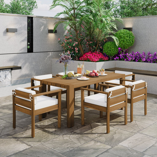 TREXM 7 - Piece Patio Dining Table Set for 6,Outdoor Furniture Sets with 72.8'Rectangle Table,Patio Table and Chairs Set with Removable Cushions for Backyard,Garden,Poolside(Light Teak+Beige Cushion) - 1st Choice Furniture Direct