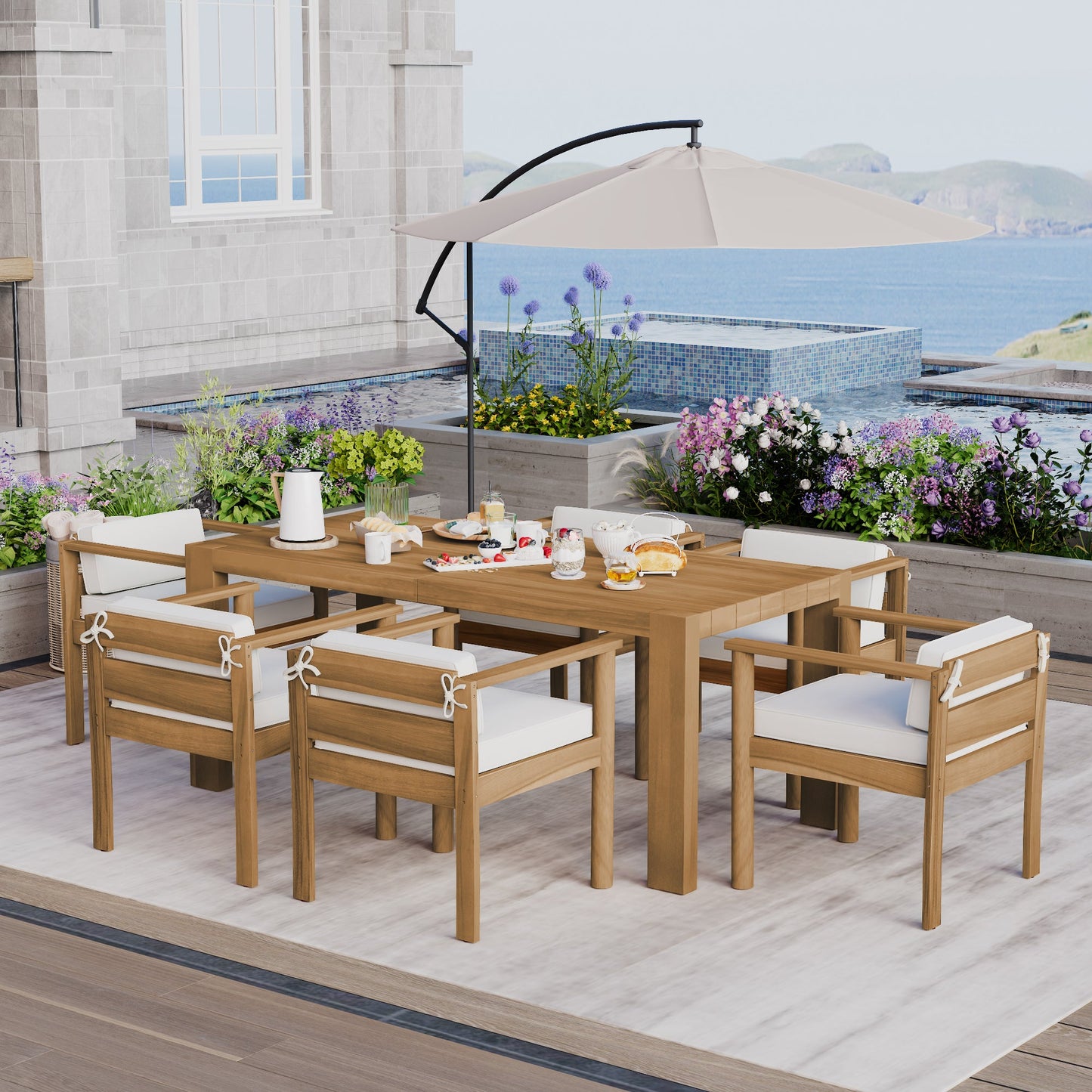 TREXM 7 - Piece Patio Dining Table Set for 6,Outdoor Furniture Sets with 72.8'Rectangle Table,Patio Table and Chairs Set with Removable Cushions for Backyard,Garden,Poolside(Light Teak+Beige Cushion) - 1st Choice Furniture Direct