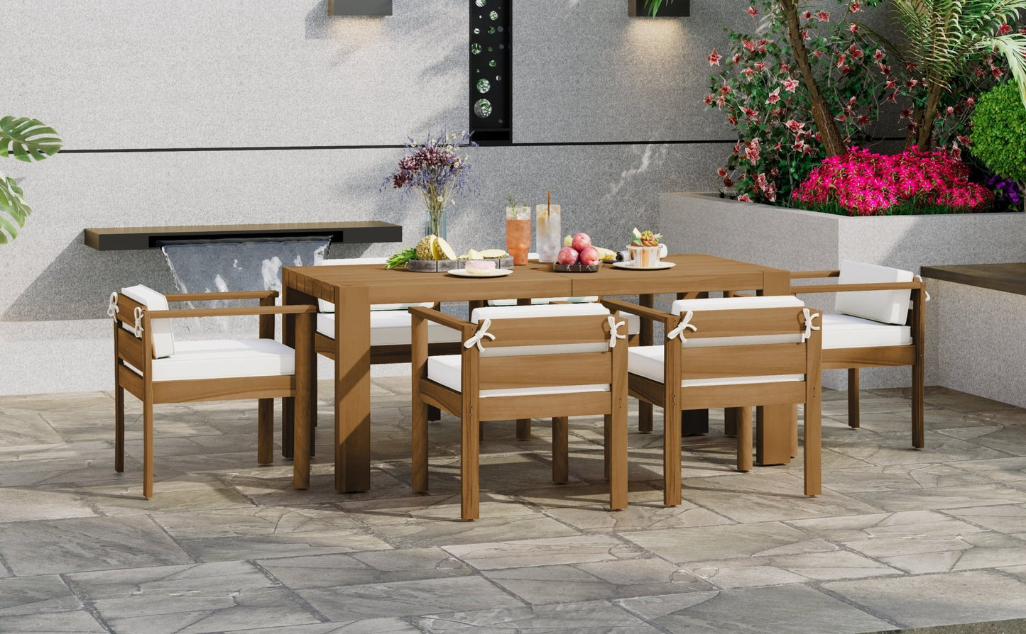 TREXM 7 - Piece Patio Dining Table Set for 6,Outdoor Furniture Sets with 72.8'Rectangle Table,Patio Table and Chairs Set with Removable Cushions for Backyard,Garden,Poolside(Light Teak+Beige Cushion) - 1st Choice Furniture Direct