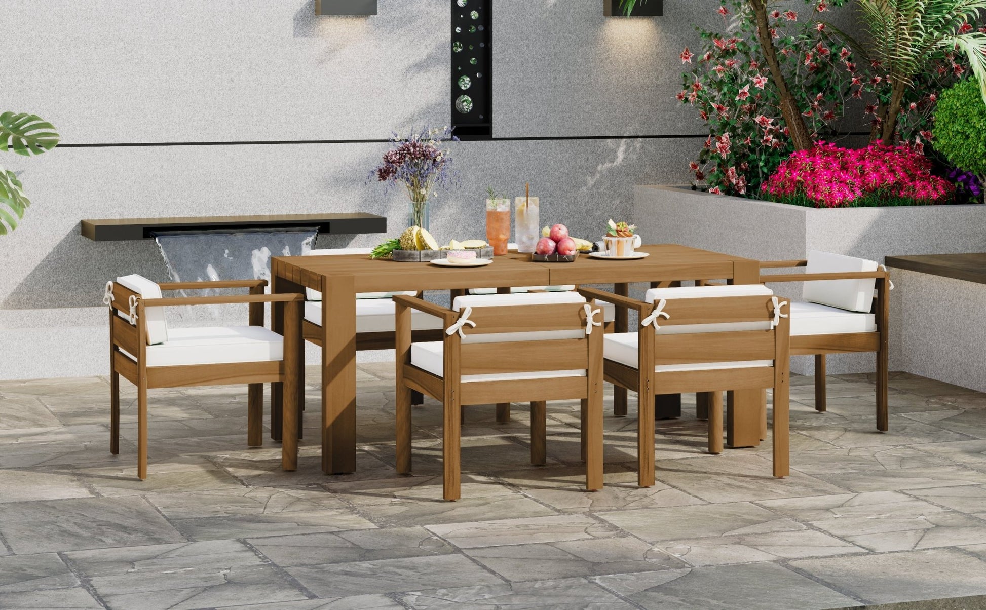 TREXM 7 - Piece Patio Dining Table Set for 6,Outdoor Furniture Sets with 72.8'Rectangle Table,Patio Table and Chairs Set with Removable Cushions for Backyard,Garden,Poolside(Light Teak+Beige Cushion) - 1st Choice Furniture Direct