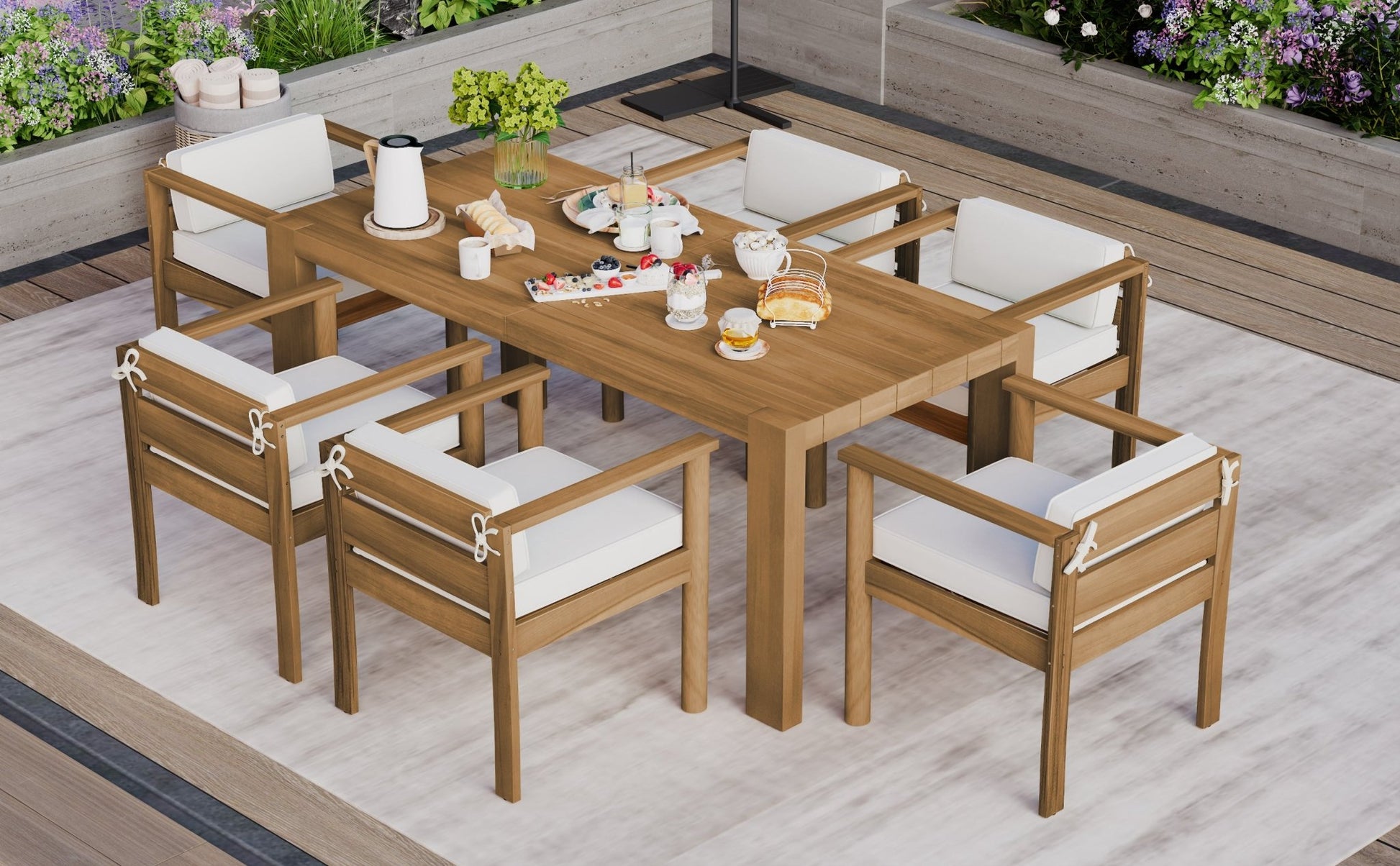 TREXM 7 - Piece Patio Dining Table Set for 6,Outdoor Furniture Sets with 72.8'Rectangle Table,Patio Table and Chairs Set with Removable Cushions for Backyard,Garden,Poolside(Light Teak+Beige Cushion) - 1st Choice Furniture Direct