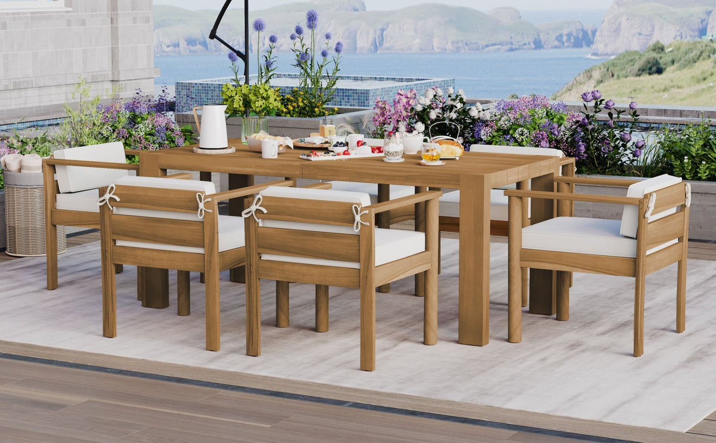 TREXM 7 - Piece Patio Dining Table Set for 6,Outdoor Furniture Sets with 72.8'Rectangle Table,Patio Table and Chairs Set with Removable Cushions for Backyard,Garden,Poolside(Light Teak+Beige Cushion) - 1st Choice Furniture Direct
