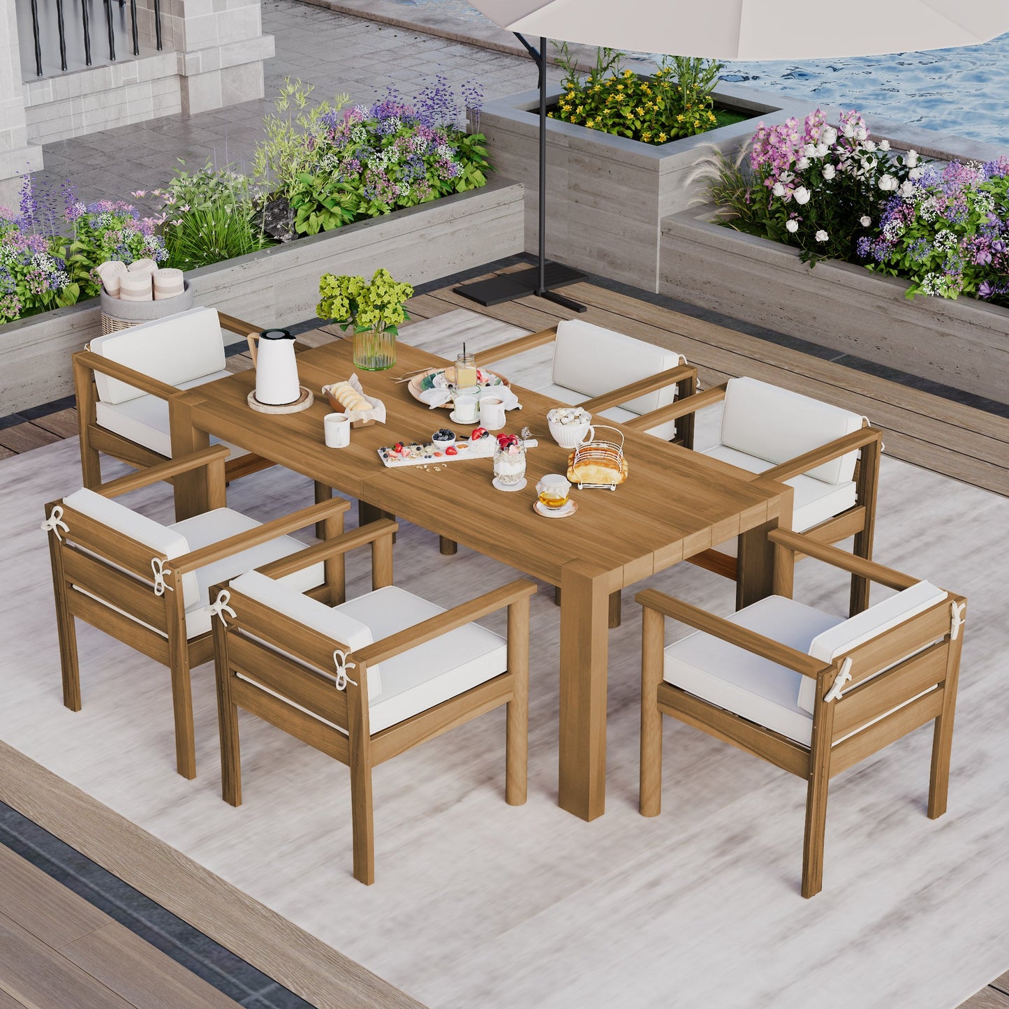 TREXM 7 - Piece Patio Dining Table Set for 6,Outdoor Furniture Sets with 72.8'Rectangle Table,Patio Table and Chairs Set with Removable Cushions for Backyard,Garden,Poolside(Light Teak+Beige Cushion) - 1st Choice Furniture Direct