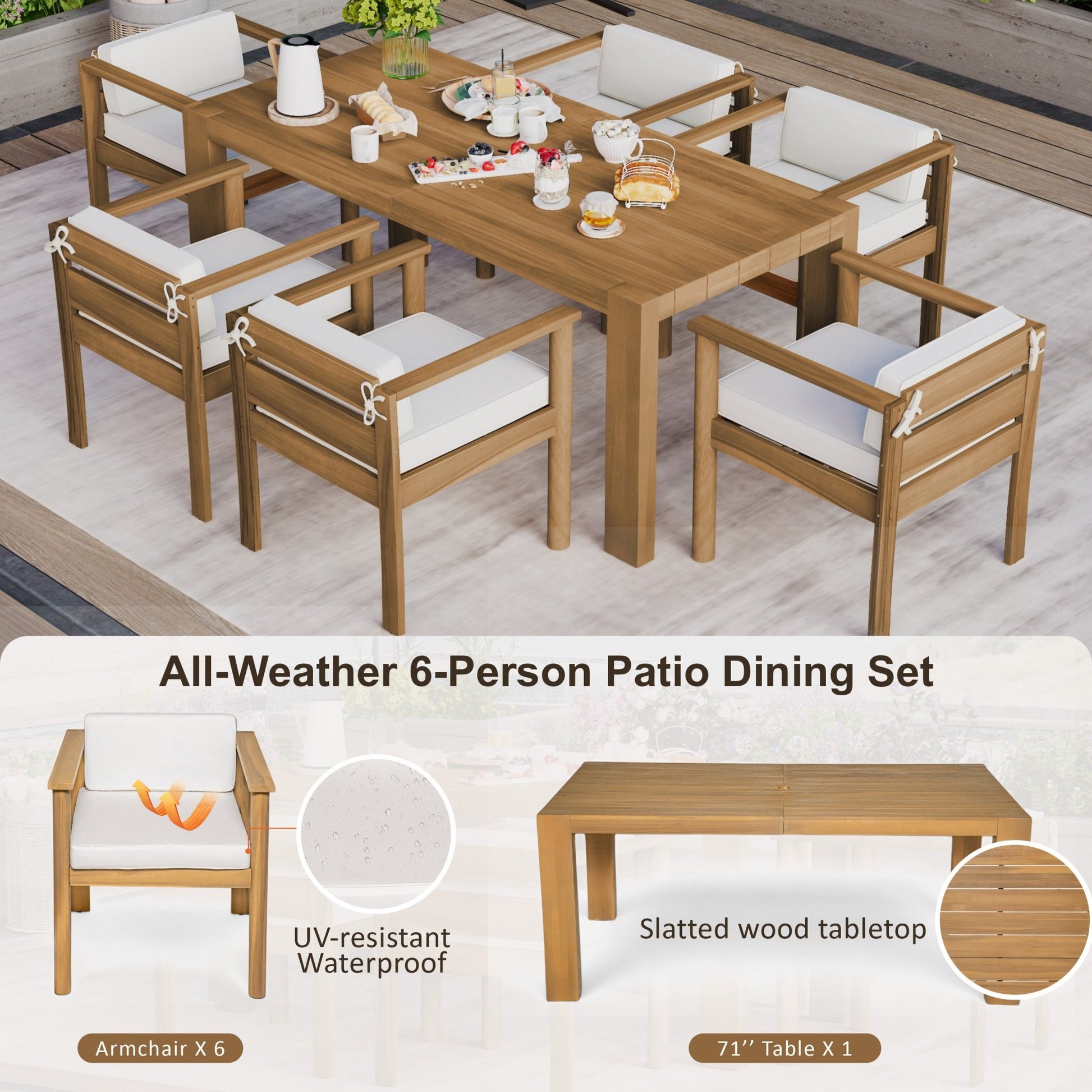 TREXM 7 - Piece Patio Dining Table Set for 6,Outdoor Furniture Sets with 72.8'Rectangle Table,Patio Table and Chairs Set with Removable Cushions for Backyard,Garden,Poolside(Light Teak+Beige Cushion) - 1st Choice Furniture Direct