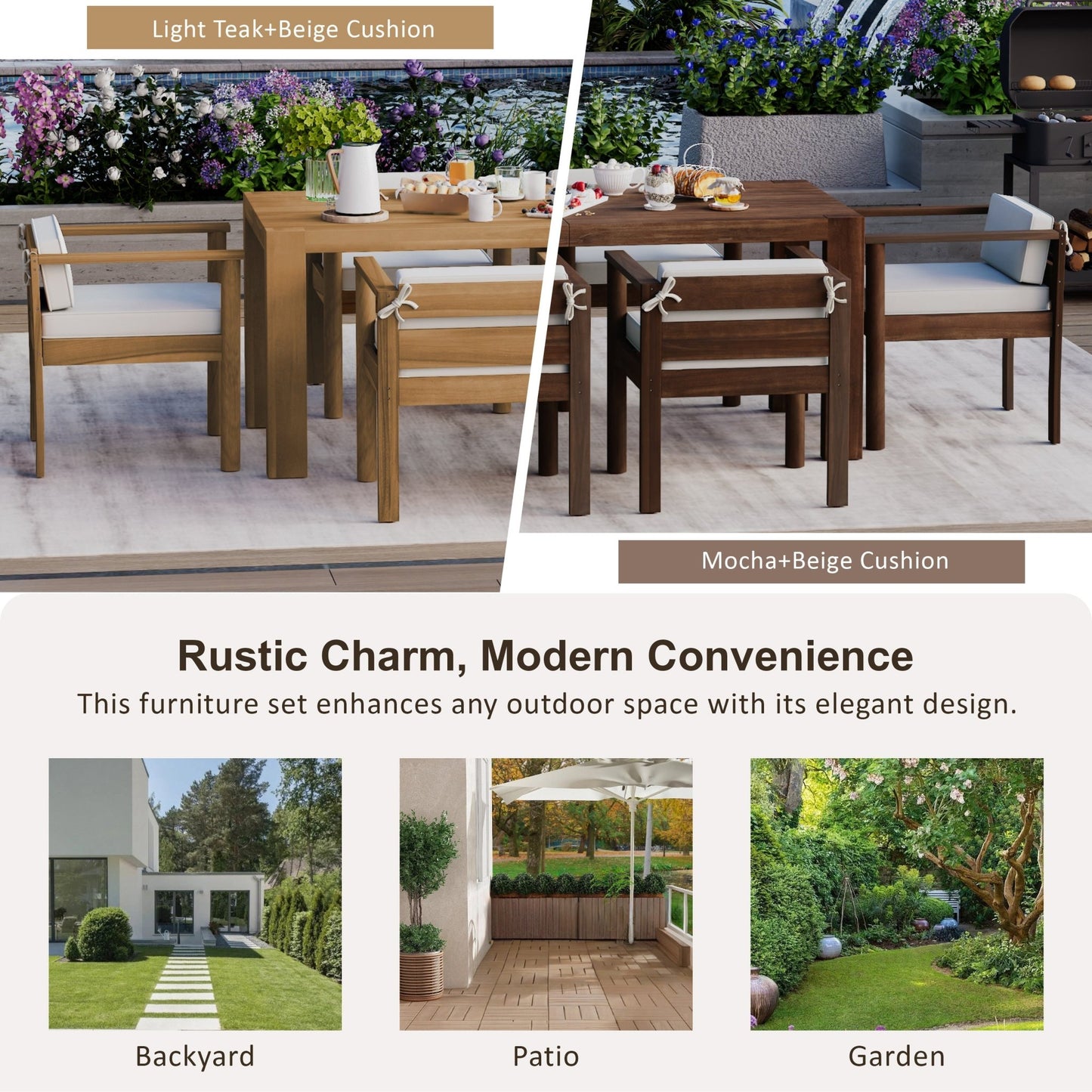 TREXM 7 - Piece Patio Dining Table Set for 6,Outdoor Furniture Sets with 72.8'Rectangle Table,Patio Table and Chairs Set with Removable Cushions for Backyard,Garden,Poolside(Light Teak+Beige Cushion) - 1st Choice Furniture Direct
