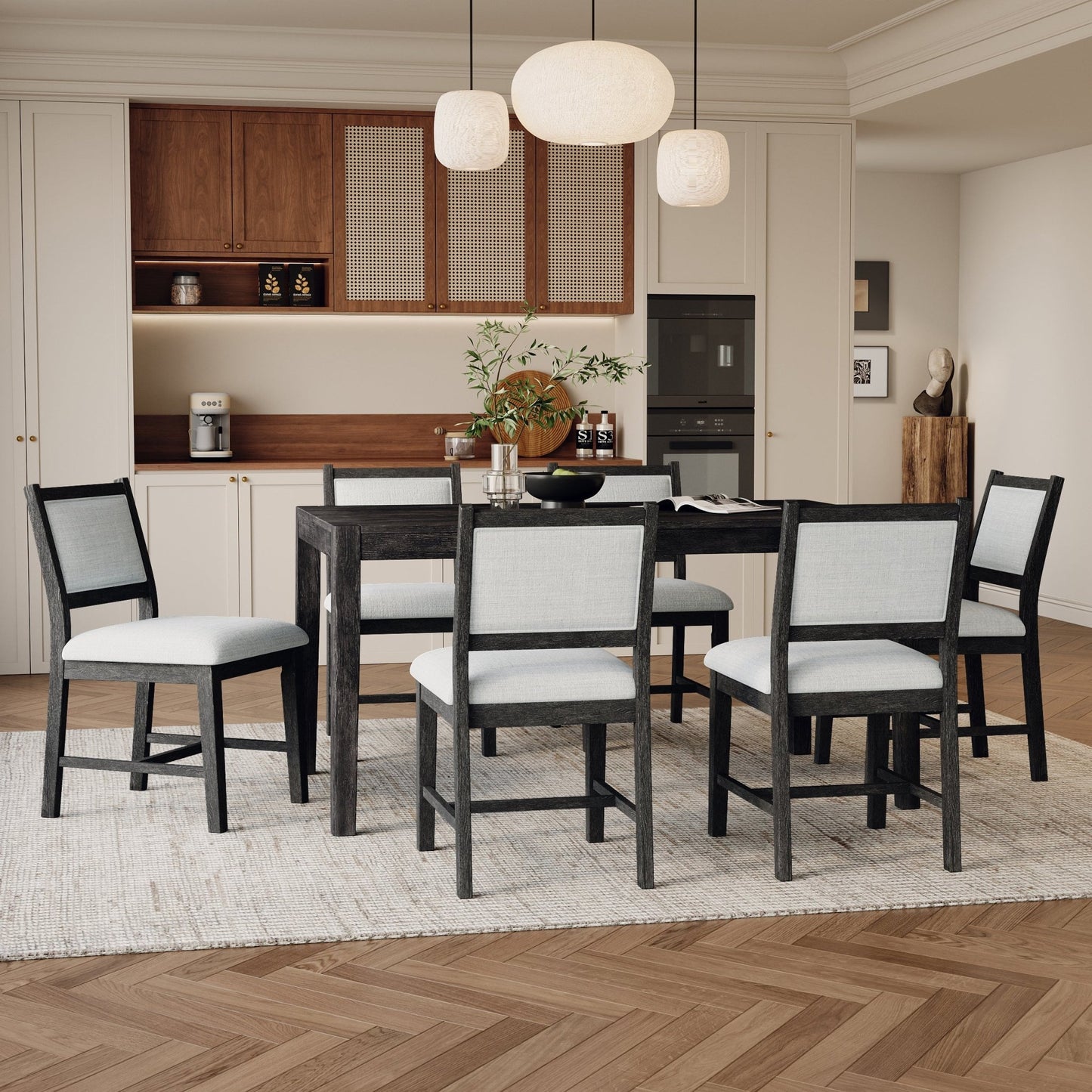 TREXM 7 - Piece Retro Dining Table Set for 6, 1 Rectangular Wood Dining Table Set for 6 with Upholstered Chairs for Dining Room and Kitchen (Espresso) - 1st Choice Furniture Direct