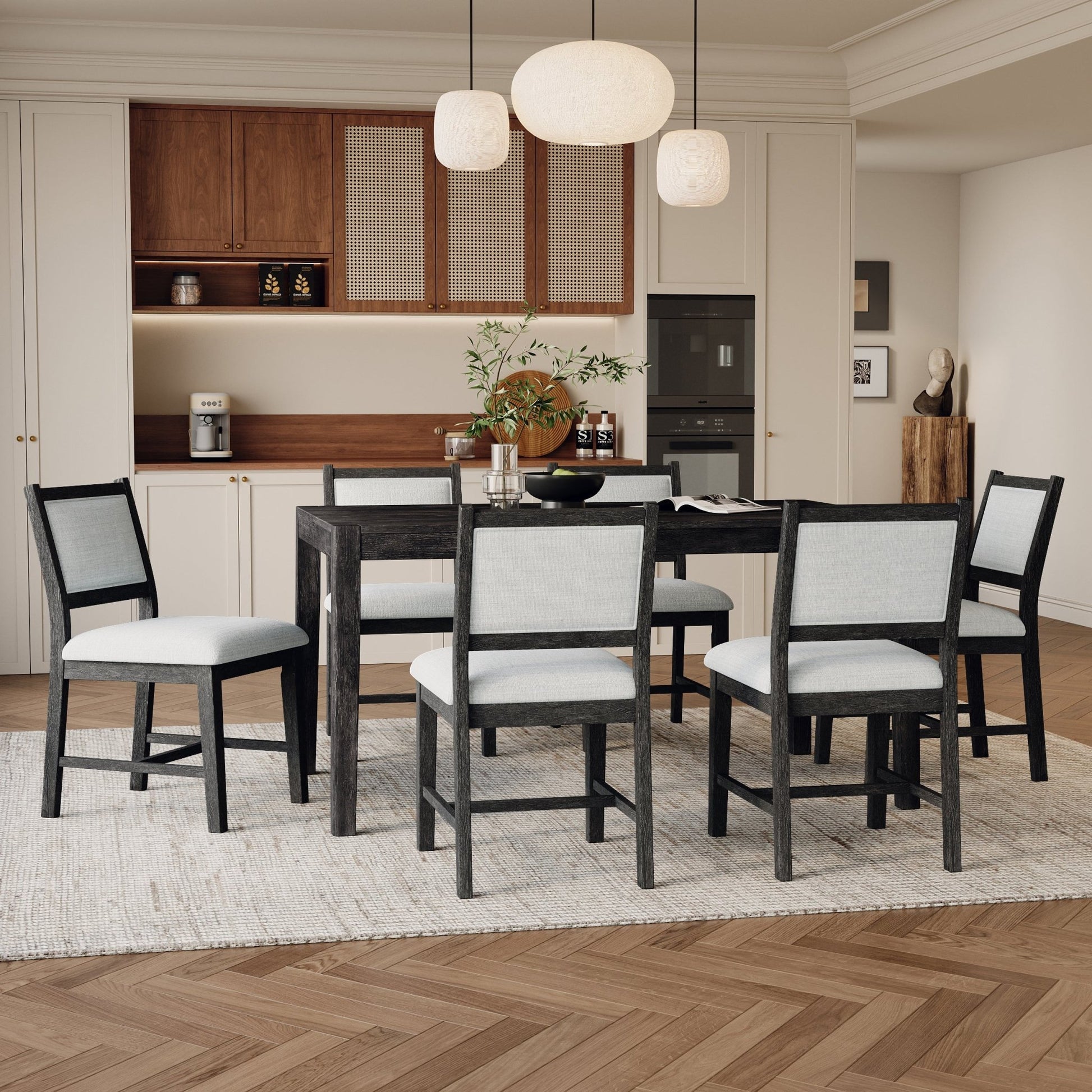 TREXM 7 - Piece Retro Dining Table Set for 6, 1 Rectangular Wood Dining Table Set for 6 with Upholstered Chairs for Dining Room and Kitchen (Espresso) - 1st Choice Furniture Direct