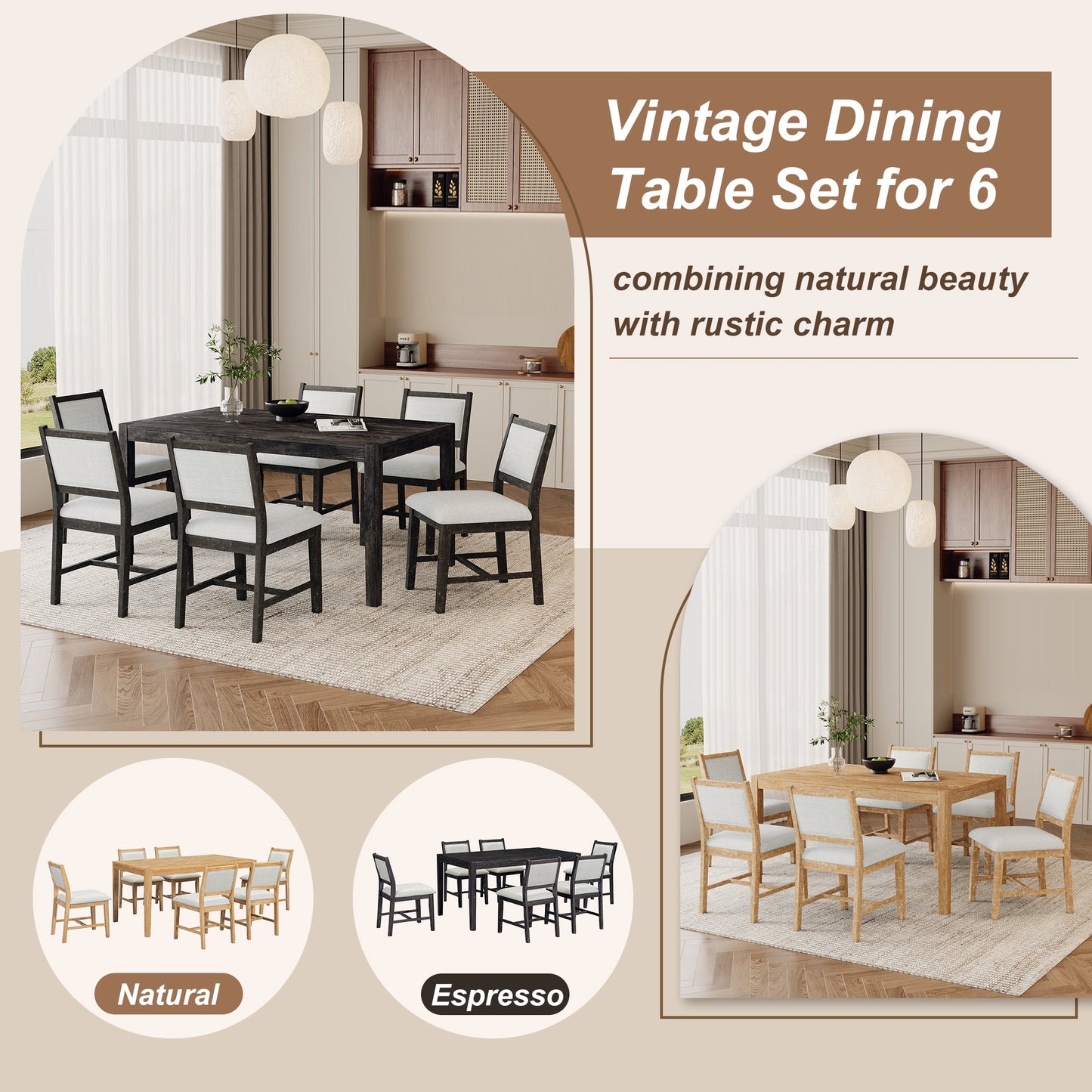TREXM 7 - Piece Retro Dining Table Set for 6, 1 Rectangular Wood Dining Table Set for 6 with Upholstered Chairs for Dining Room and Kitchen (Espresso) - 1st Choice Furniture Direct