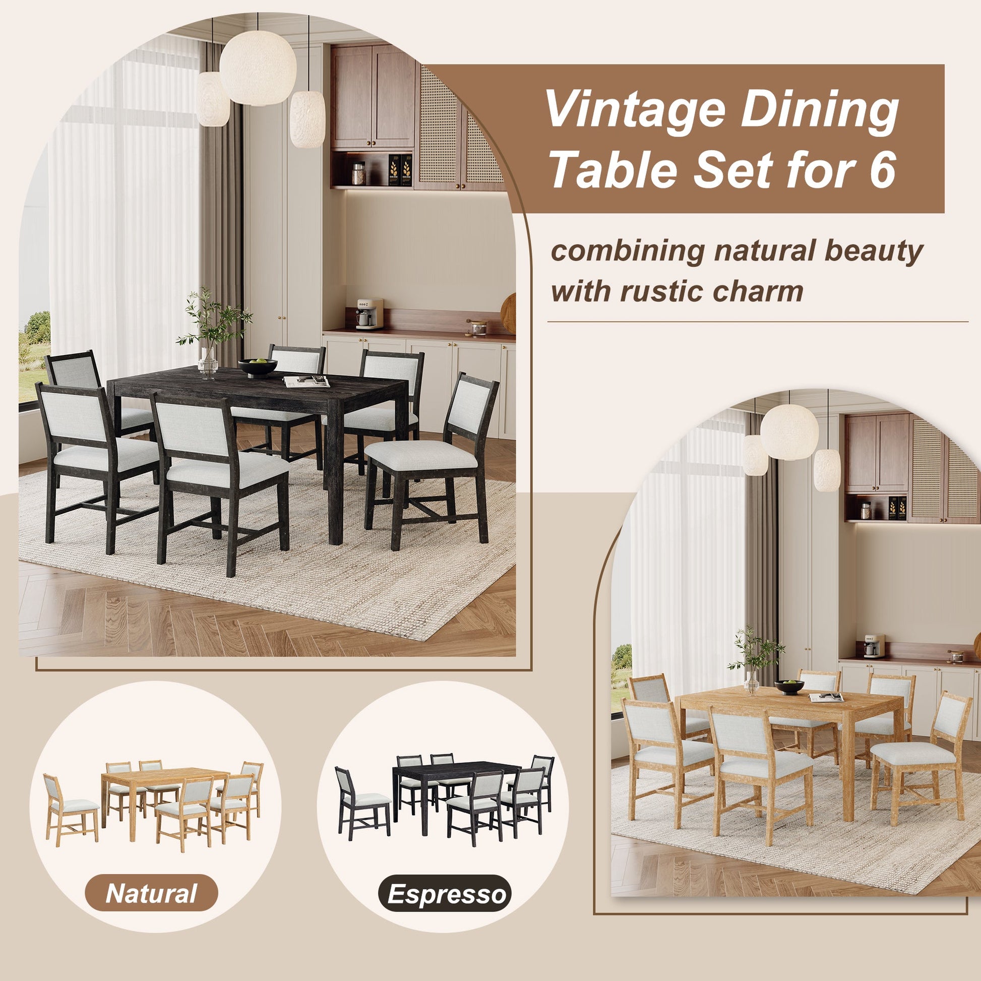 TREXM 7 - Piece Retro Dining Table Set for 6, 1 Rectangular Wood Dining Table Set for 6 with Upholstered Chairs for Dining Room and Kitchen (Espresso) - 1st Choice Furniture Direct