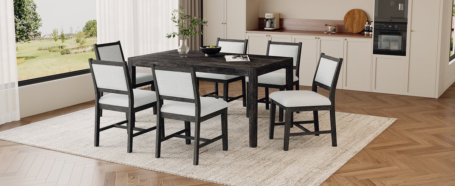 TREXM 7 - Piece Retro Dining Table Set for 6, 1 Rectangular Wood Dining Table Set for 6 with Upholstered Chairs for Dining Room and Kitchen (Espresso) - 1st Choice Furniture Direct