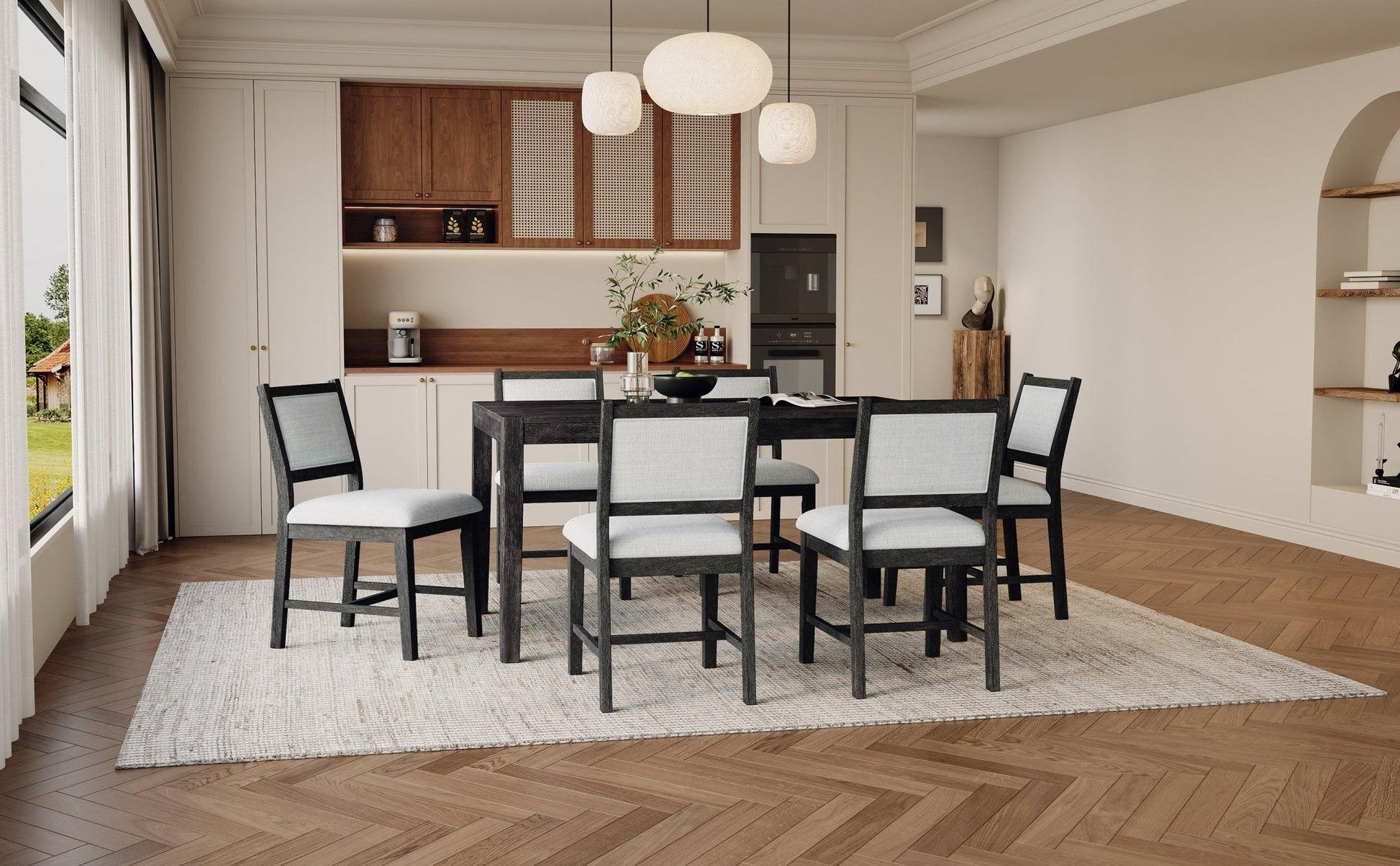 TREXM 7 - Piece Retro Dining Table Set for 6, 1 Rectangular Wood Dining Table Set for 6 with Upholstered Chairs for Dining Room and Kitchen (Espresso) - 1st Choice Furniture Direct