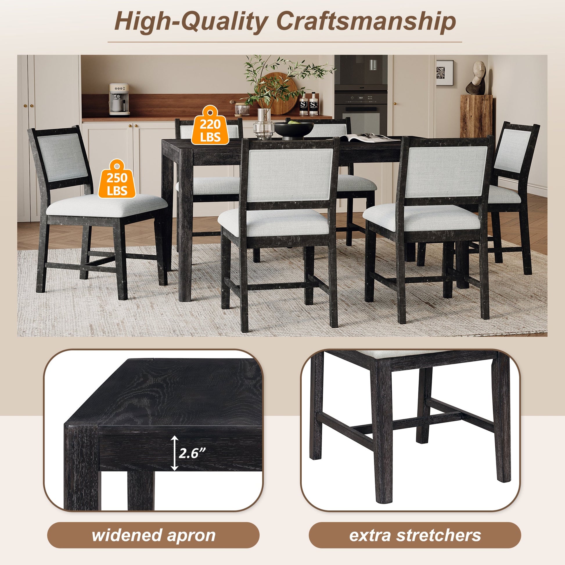 TREXM 7 - Piece Retro Dining Table Set for 6, 1 Rectangular Wood Dining Table Set for 6 with Upholstered Chairs for Dining Room and Kitchen (Espresso) - 1st Choice Furniture Direct