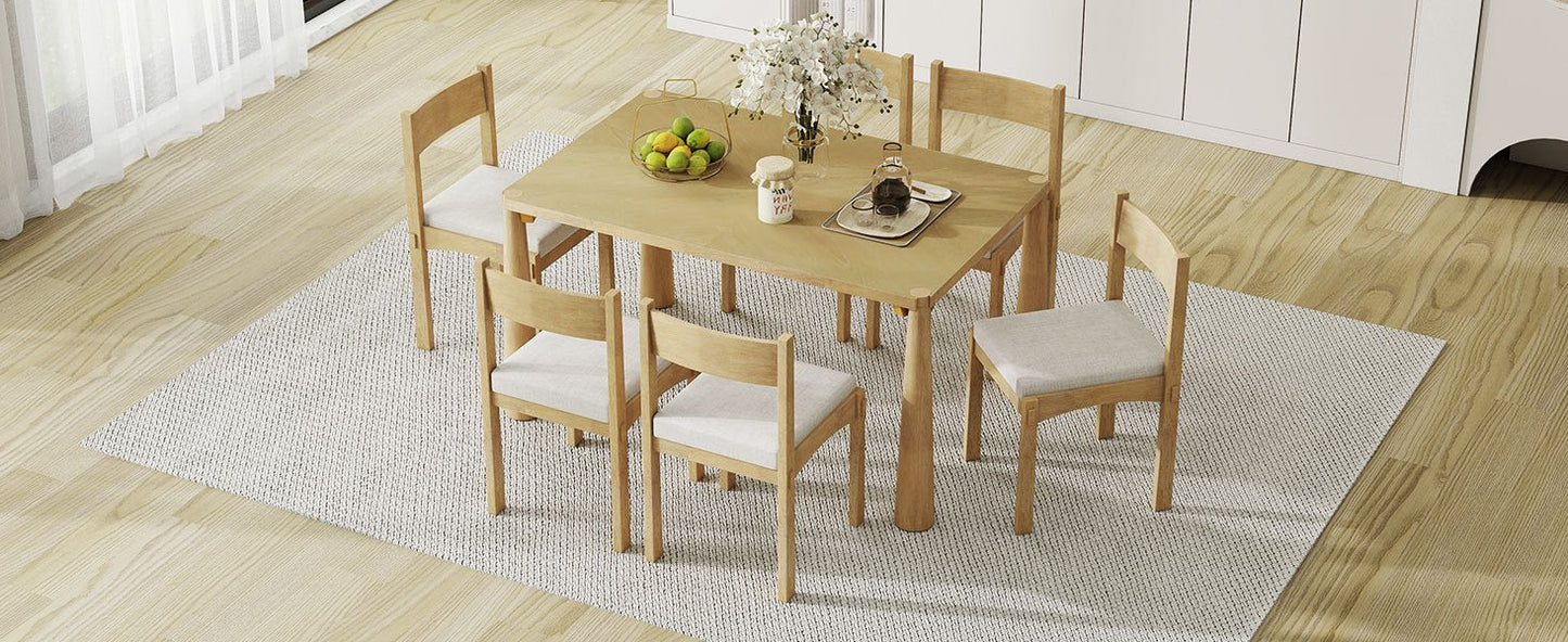 TREXM 7 - Piece Retro Dining Table Set for 6, Wood Dining Table Set for 6 with Upholstered Chairs for kitchen & Dining Room (Natural Wood Wash) - 1st Choice Furniture Direct