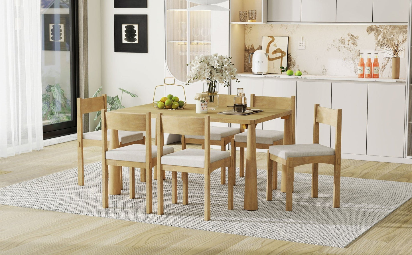 TREXM 7 - Piece Retro Dining Table Set for 6, Wood Dining Table Set for 6 with Upholstered Chairs for kitchen & Dining Room (Natural Wood Wash) - 1st Choice Furniture Direct