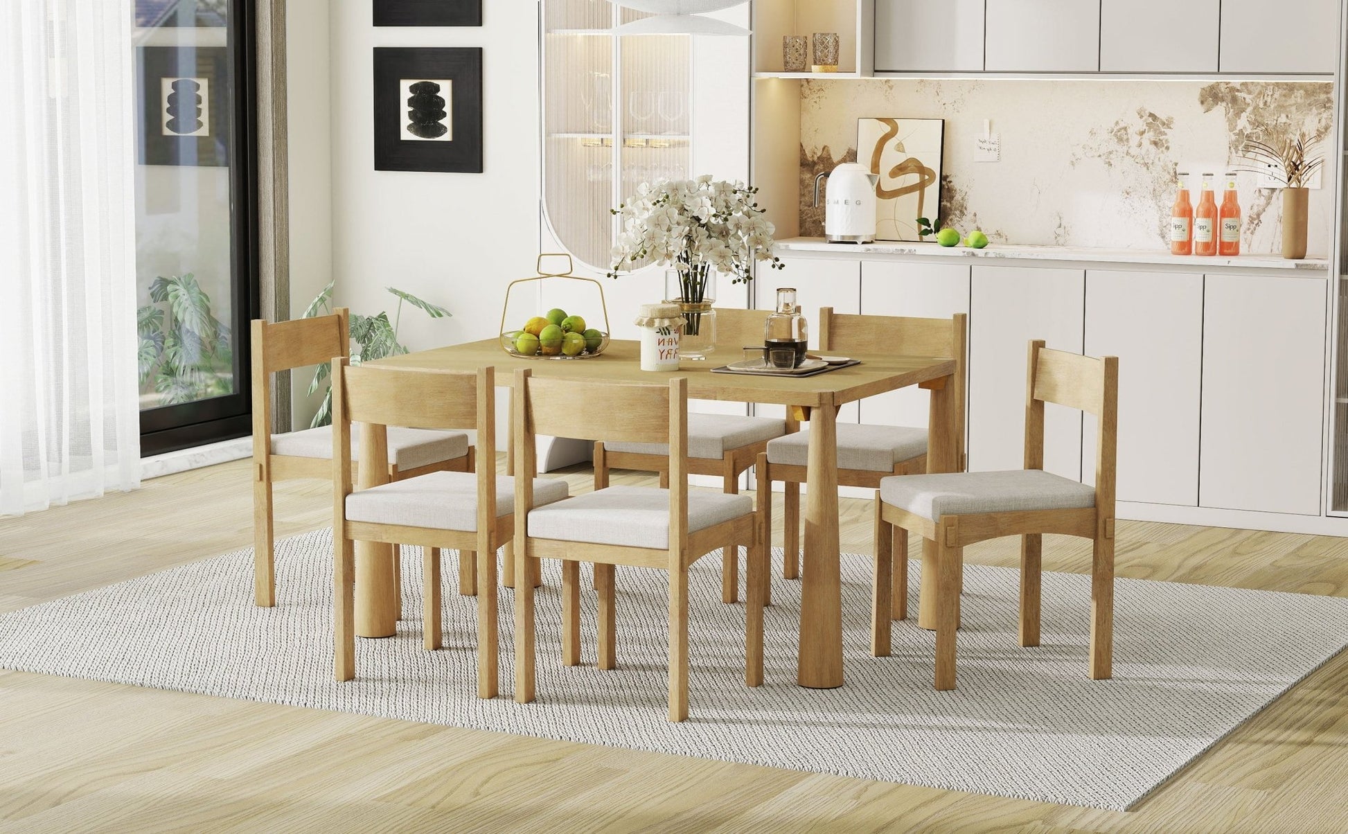 TREXM 7 - Piece Retro Dining Table Set for 6, Wood Dining Table Set for 6 with Upholstered Chairs for kitchen & Dining Room (Natural Wood Wash) - 1st Choice Furniture Direct