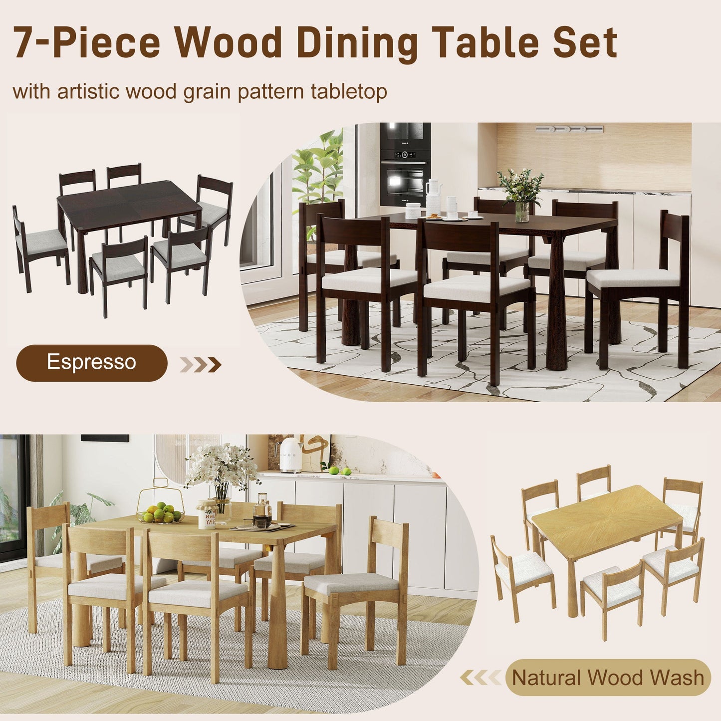 TREXM 7 - Piece Retro Dining Table Set for 6, Wood Dining Table Set for 6 with Upholstered Chairs for kitchen & Dining Room (Natural Wood Wash) - 1st Choice Furniture Direct