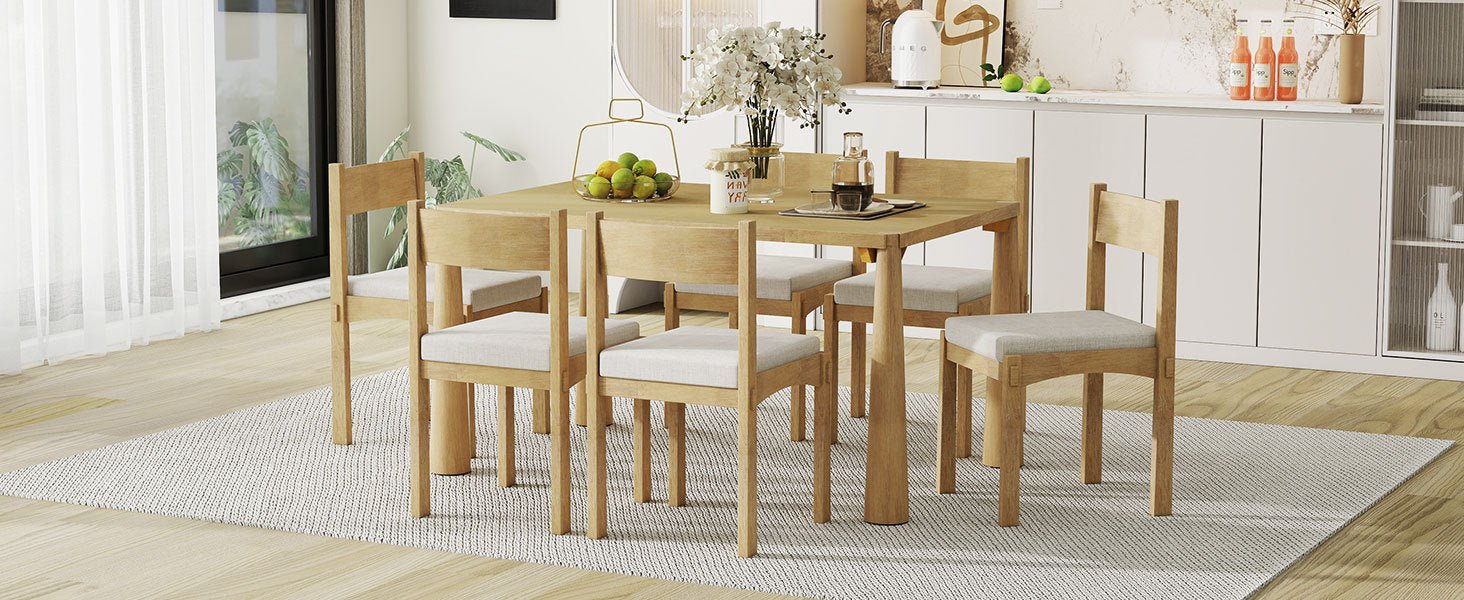 TREXM 7 - Piece Retro Dining Table Set for 6, Wood Dining Table Set for 6 with Upholstered Chairs for kitchen & Dining Room (Natural Wood Wash) - 1st Choice Furniture Direct