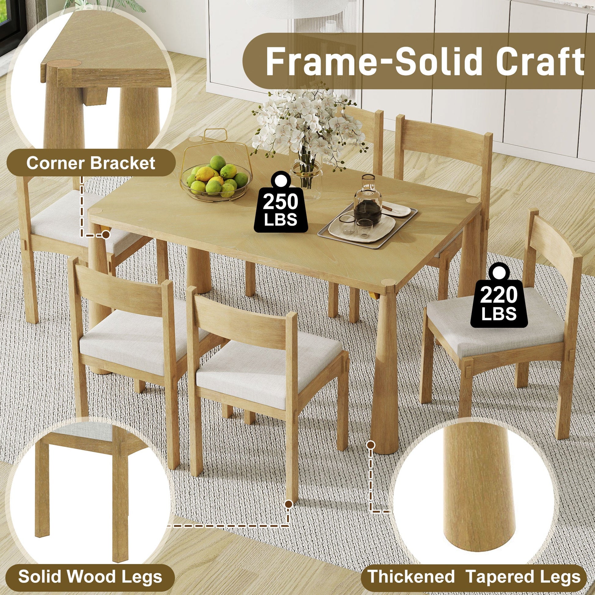 TREXM 7 - Piece Retro Dining Table Set for 6, Wood Dining Table Set for 6 with Upholstered Chairs for kitchen & Dining Room (Natural Wood Wash) - 1st Choice Furniture Direct
