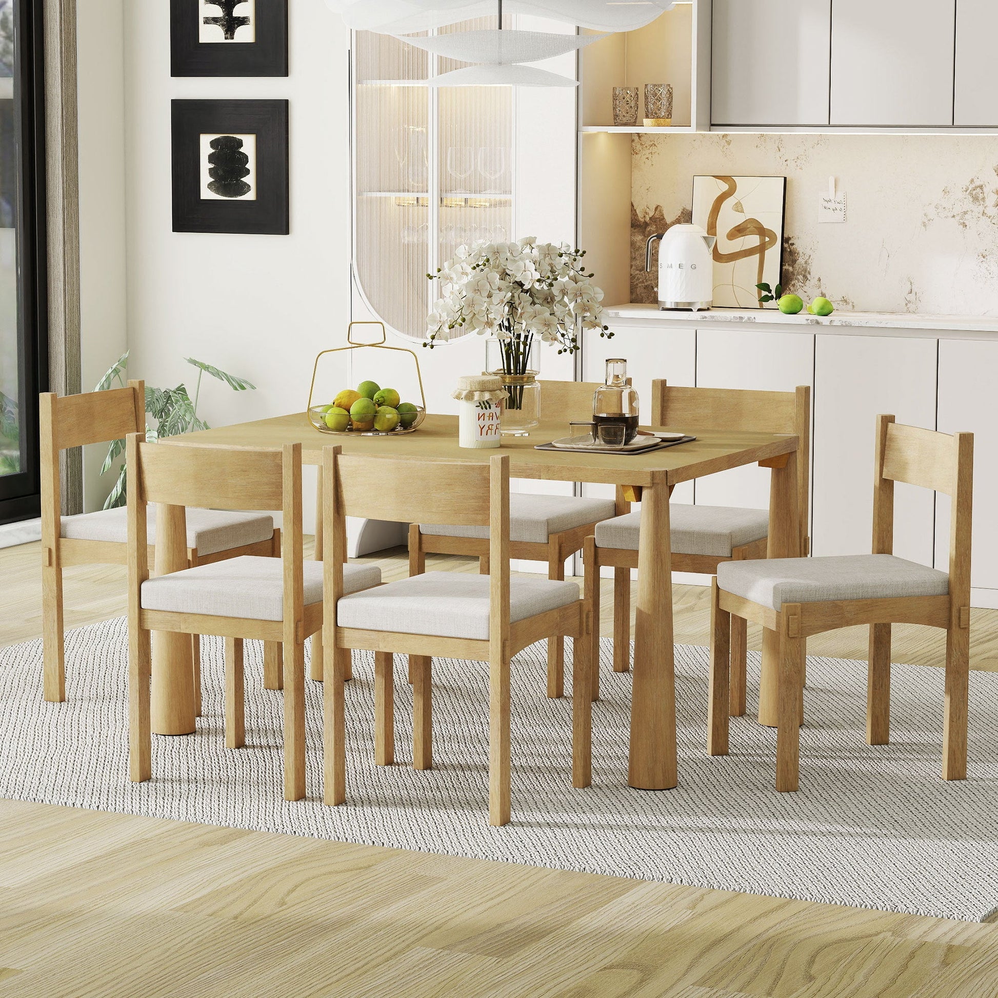 TREXM 7 - Piece Retro Dining Table Set for 6, Wood Dining Table Set for 6 with Upholstered Chairs for kitchen & Dining Room (Natural Wood Wash) - 1st Choice Furniture Direct