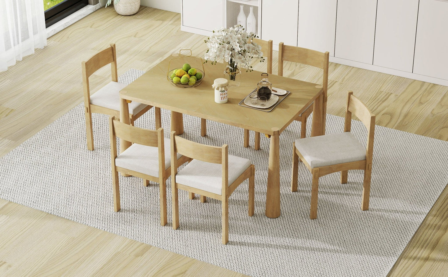 TREXM 7 - Piece Retro Dining Table Set for 6, Wood Dining Table Set for 6 with Upholstered Chairs for kitchen & Dining Room (Natural Wood Wash) - 1st Choice Furniture Direct