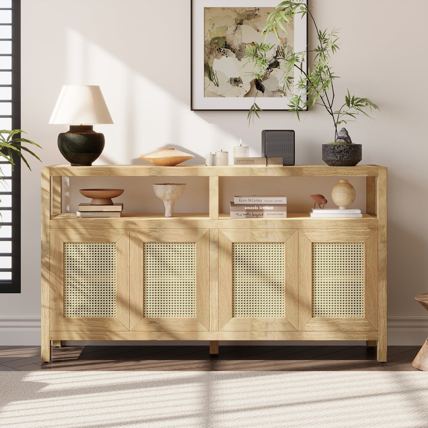 TREXM Bohemian Style Rattan Buffet Storage Cabinet with Solid Wood Frame, Sideboard with 3 - position Adjustable Shelves for Living & Dining Rooms, No - Handle Push - to - Open Design (Natural) - 1st Choice Furniture Direct