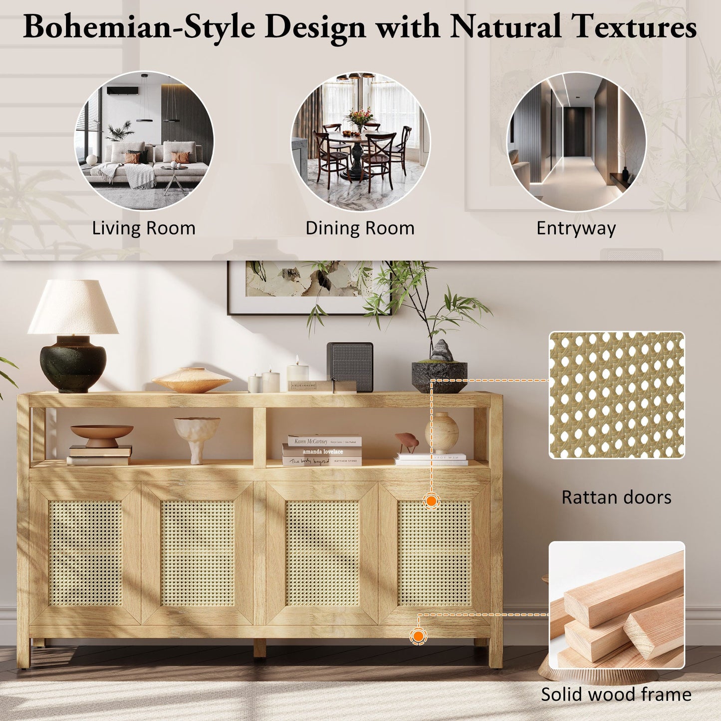 TREXM Bohemian Style Rattan Buffet Storage Cabinet with Solid Wood Frame, Sideboard with 3 - position Adjustable Shelves for Living & Dining Rooms, No - Handle Push - to - Open Design (Natural) - 1st Choice Furniture Direct