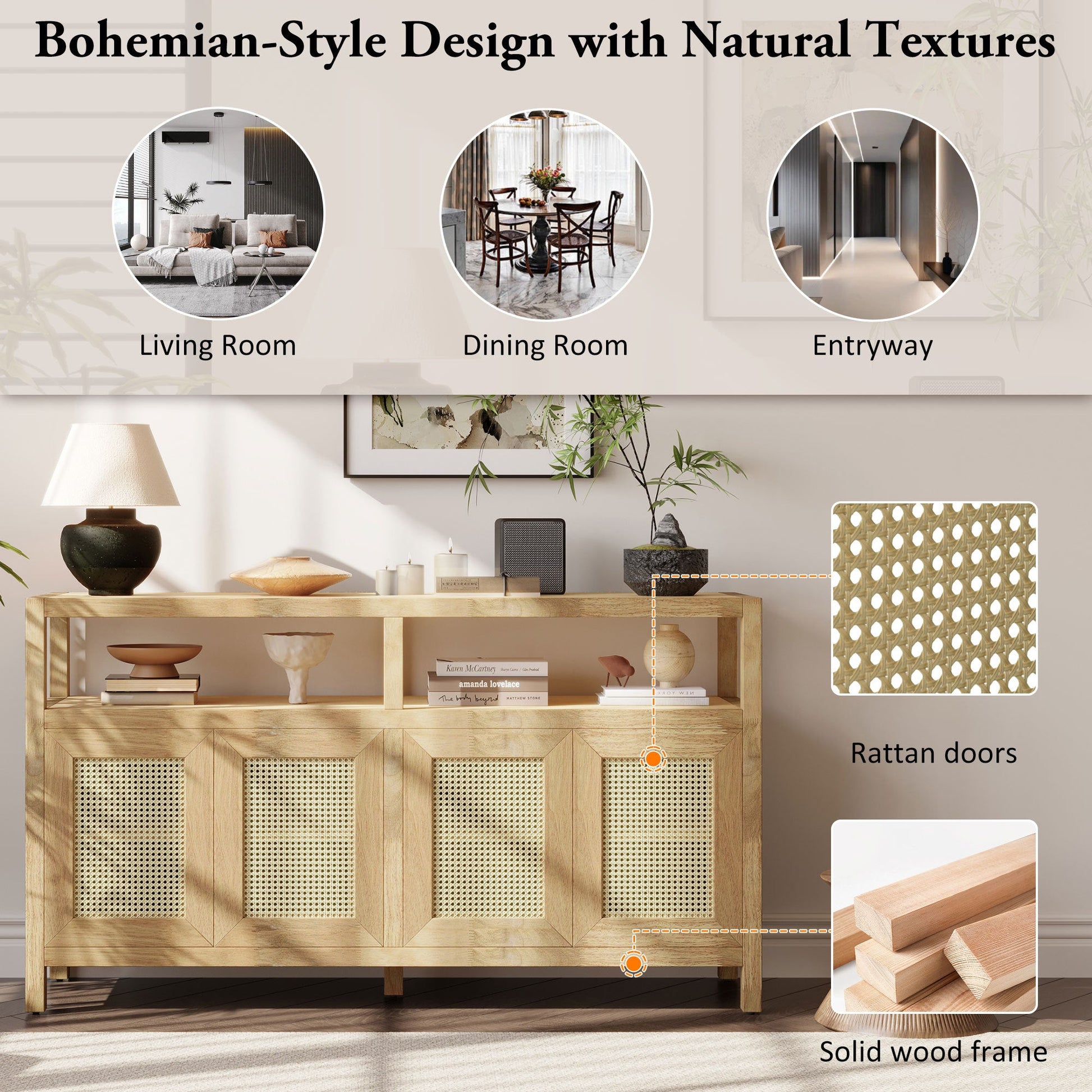 TREXM Bohemian Style Rattan Buffet Storage Cabinet with Solid Wood Frame, Sideboard with 3 - position Adjustable Shelves for Living & Dining Rooms, No - Handle Push - to - Open Design (Natural) - 1st Choice Furniture Direct