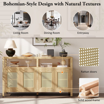 TREXM Bohemian Style Rattan Buffet Storage Cabinet with Solid Wood Frame, Sideboard with 3 - position Adjustable Shelves for Living & Dining Rooms, No - Handle Push - to - Open Design (Natural) - 1st Choice Furniture Direct