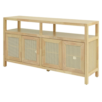 TREXM Bohemian Style Rattan Buffet Storage Cabinet with Solid Wood Frame, Sideboard with 3 - position Adjustable Shelves for Living & Dining Rooms, No - Handle Push - to - Open Design (Natural) - 1st Choice Furniture Direct