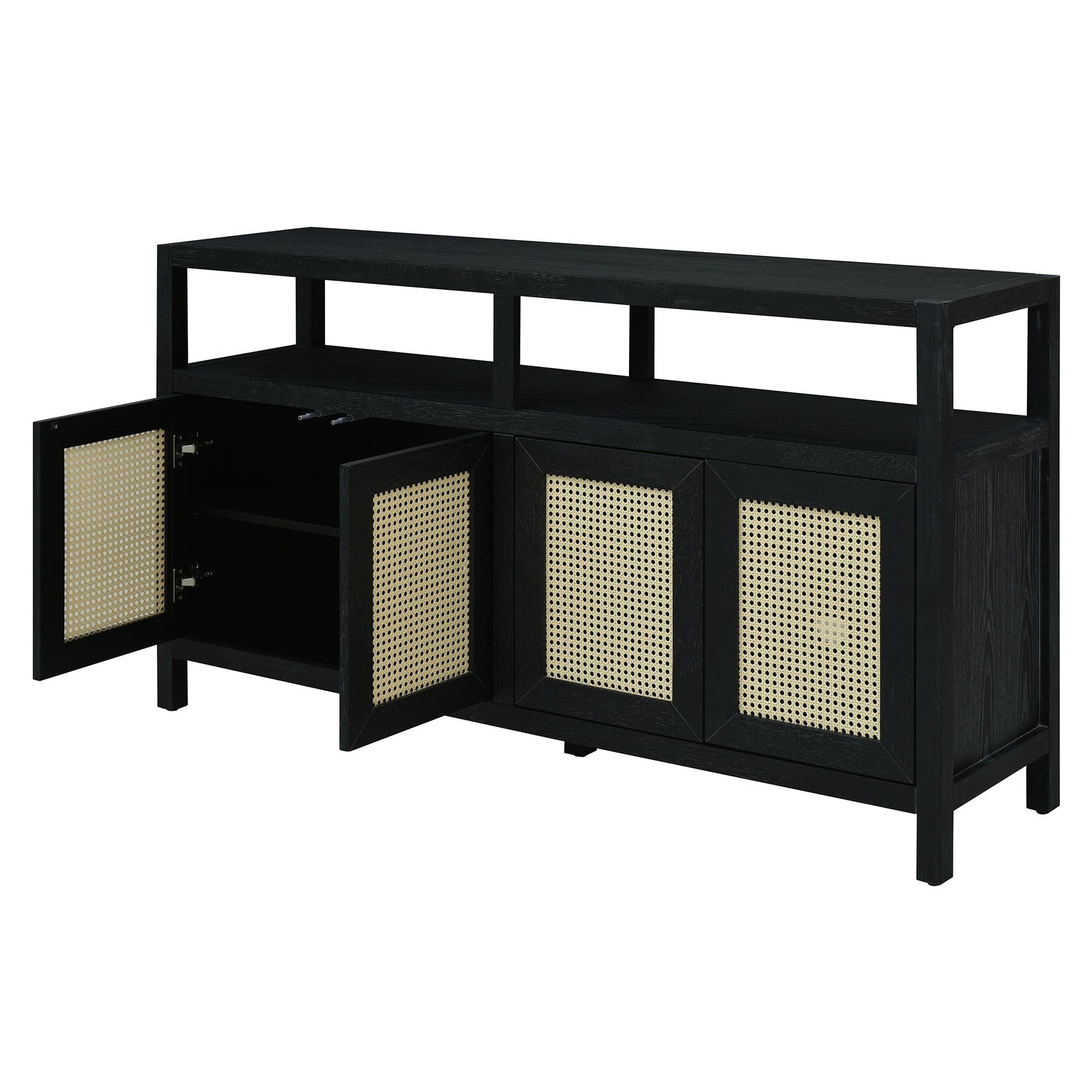 TREXM Bohemian Style Rattan Buffet Storage Cabinet with Solid Wood Frame, Sideboard with 3 - position Adjustable Shelves for Living & Dining Rooms, No - Handle Push - to - Open Design (Black) - 1st Choice Furniture Direct