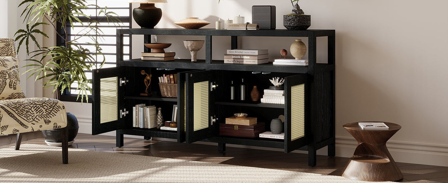 TREXM Bohemian Style Rattan Buffet Storage Cabinet with Solid Wood Frame, Sideboard with 3 - position Adjustable Shelves for Living & Dining Rooms, No - Handle Push - to - Open Design (Black) - 1st Choice Furniture Direct