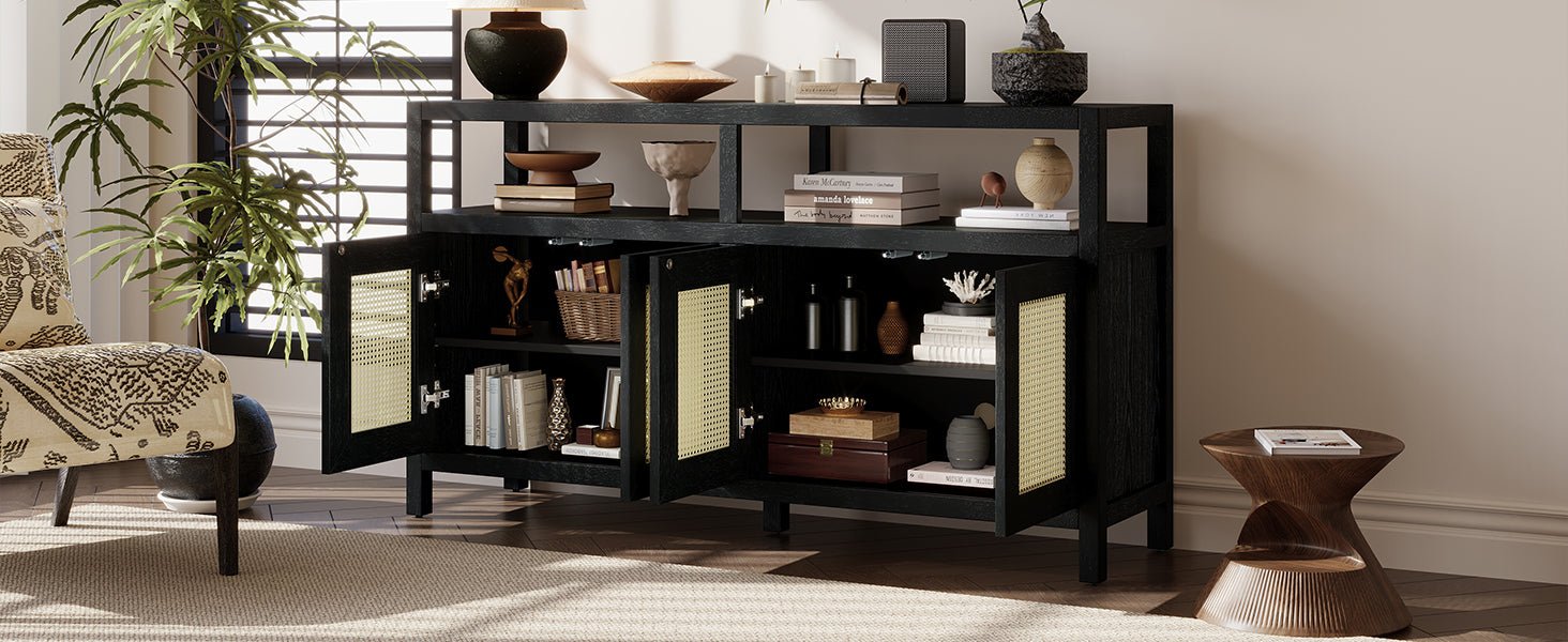 TREXM Bohemian Style Rattan Buffet Storage Cabinet with Solid Wood Frame, Sideboard with 3 - position Adjustable Shelves for Living & Dining Rooms, No - Handle Push - to - Open Design (Black) - 1st Choice Furniture Direct
