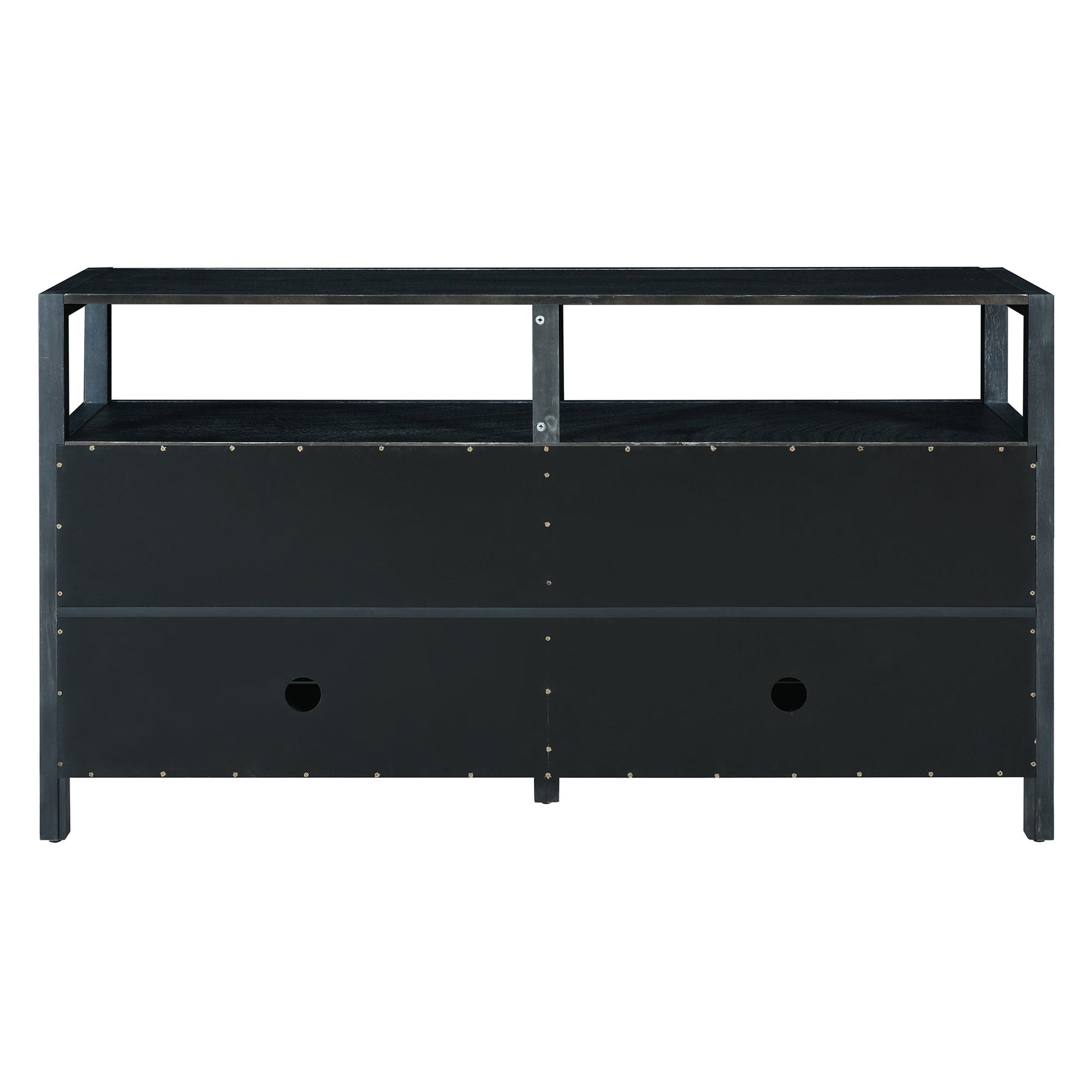 TREXM Bohemian Style Rattan Buffet Storage Cabinet with Solid Wood Frame, Sideboard with 3 - position Adjustable Shelves for Living & Dining Rooms, No - Handle Push - to - Open Design (Black) - 1st Choice Furniture Direct