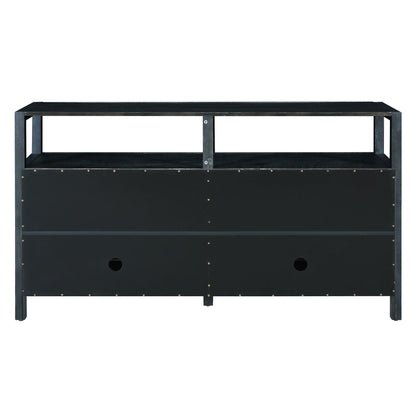 TREXM Bohemian Style Rattan Buffet Storage Cabinet with Solid Wood Frame, Sideboard with 3 - position Adjustable Shelves for Living & Dining Rooms, No - Handle Push - to - Open Design (Black) - 1st Choice Furniture Direct