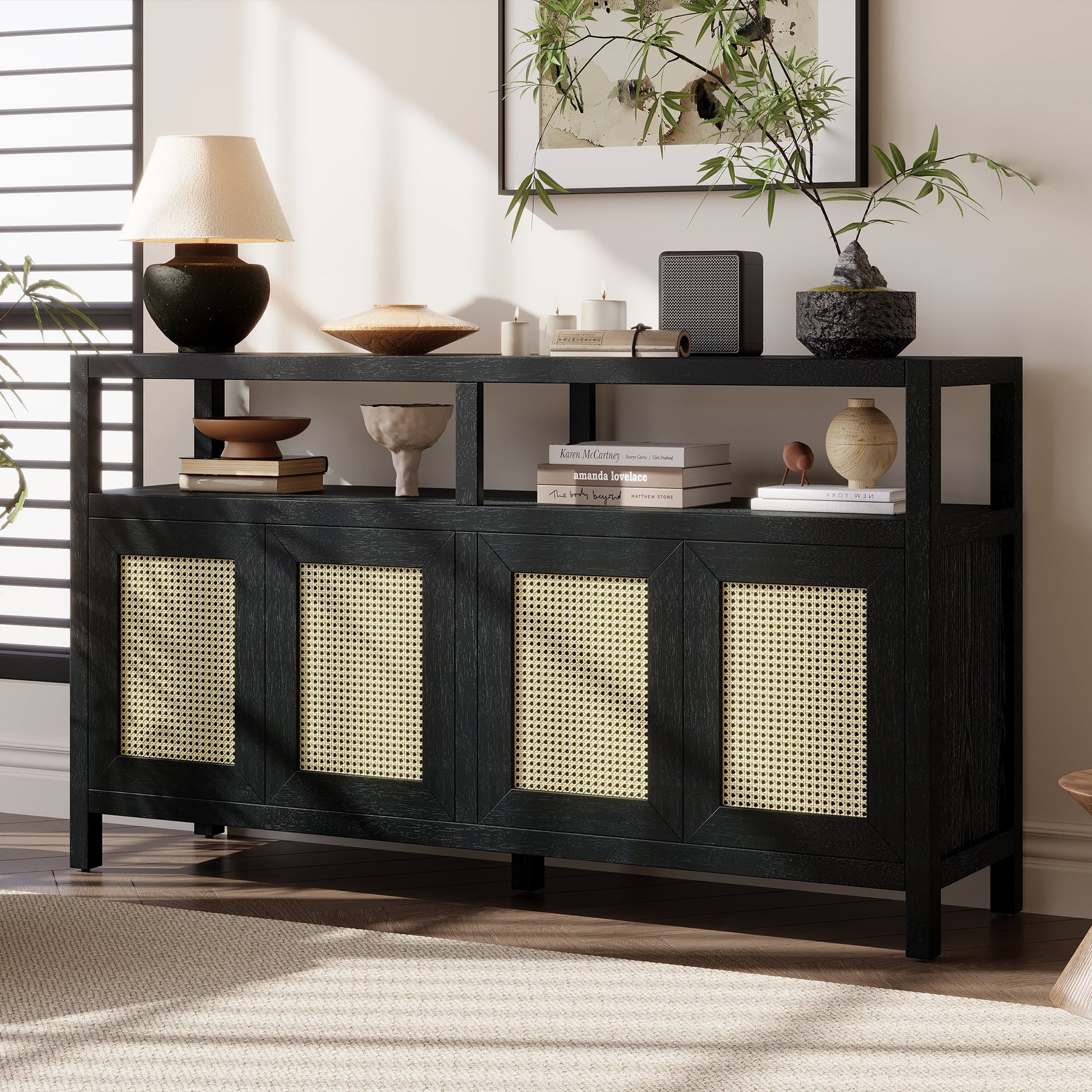 TREXM Bohemian Style Rattan Buffet Storage Cabinet with Solid Wood Frame, Sideboard with 3 - position Adjustable Shelves for Living & Dining Rooms, No - Handle Push - to - Open Design (Black) - 1st Choice Furniture Direct