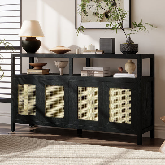 TREXM Bohemian Style Rattan Buffet Storage Cabinet with Solid Wood Frame, Sideboard with 3 - position Adjustable Shelves for Living & Dining Rooms, No - Handle Push - to - Open Design (Black) - 1st Choice Furniture Direct