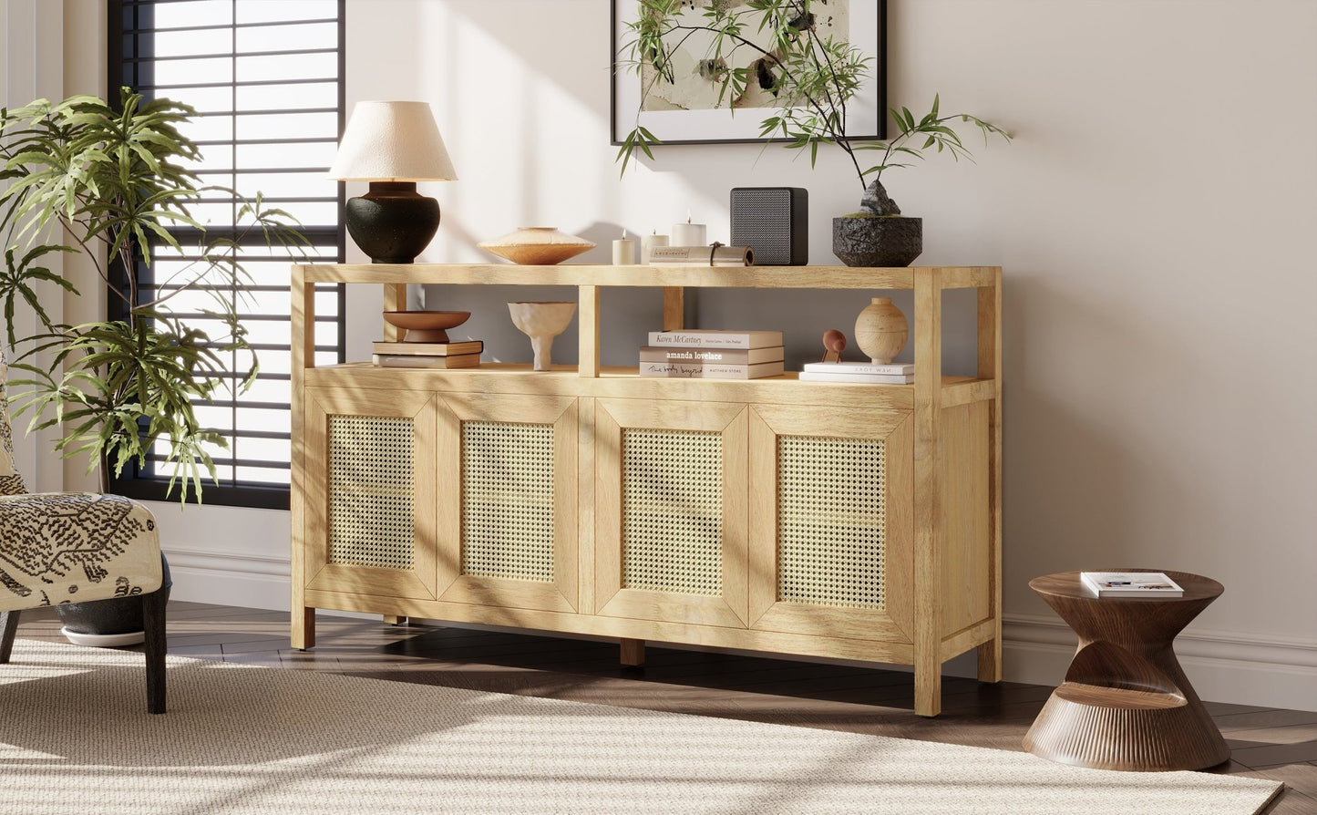 TREXM Bohemian Style Rattan Buffet Storage Cabinet with Solid Wood Frame, Sideboard with 3 - position Adjustable Shelves for Living & Dining Rooms, No - Handle Push - to - Open Design (Natural) - 1st Choice Furniture Direct