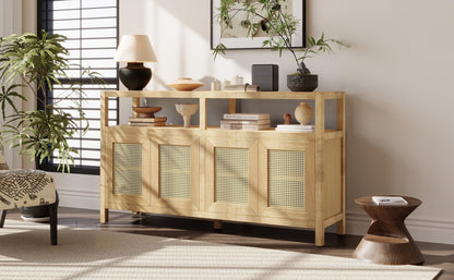 TREXM Bohemian Style Rattan Buffet Storage Cabinet with Solid Wood Frame, Sideboard with 3 - position Adjustable Shelves for Living & Dining Rooms, No - Handle Push - to - Open Design (Natural) - 1st Choice Furniture Direct