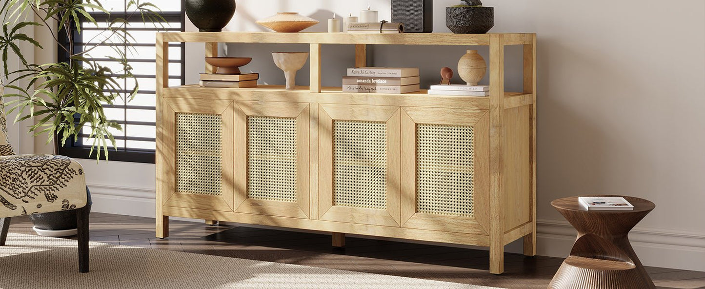 TREXM Bohemian Style Rattan Buffet Storage Cabinet with Solid Wood Frame, Sideboard with 3 - position Adjustable Shelves for Living & Dining Rooms, No - Handle Push - to - Open Design (Natural) - 1st Choice Furniture Direct