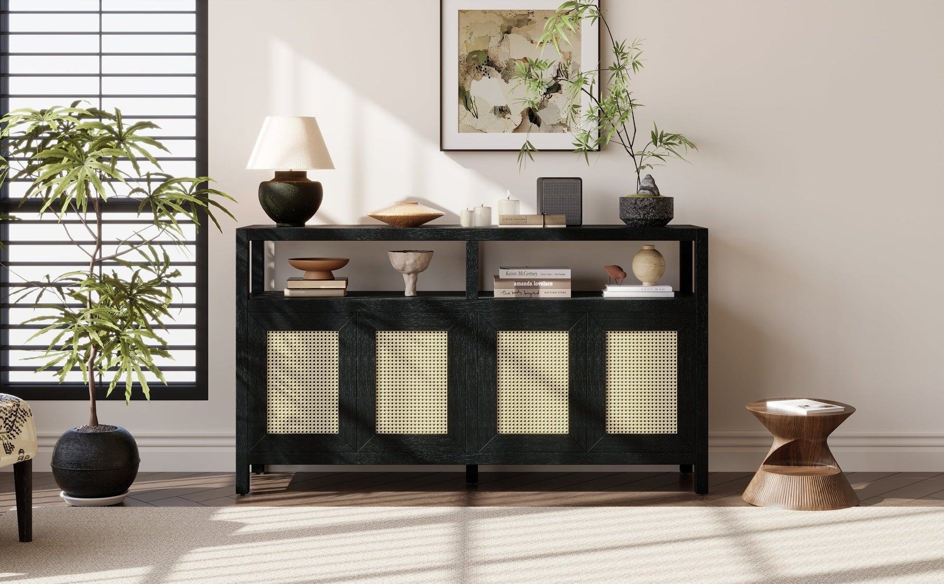 TREXM Bohemian Style Rattan Buffet Storage Cabinet with Solid Wood Frame, Sideboard with 3 - position Adjustable Shelves for Living & Dining Rooms, No - Handle Push - to - Open Design (Black) - 1st Choice Furniture Direct